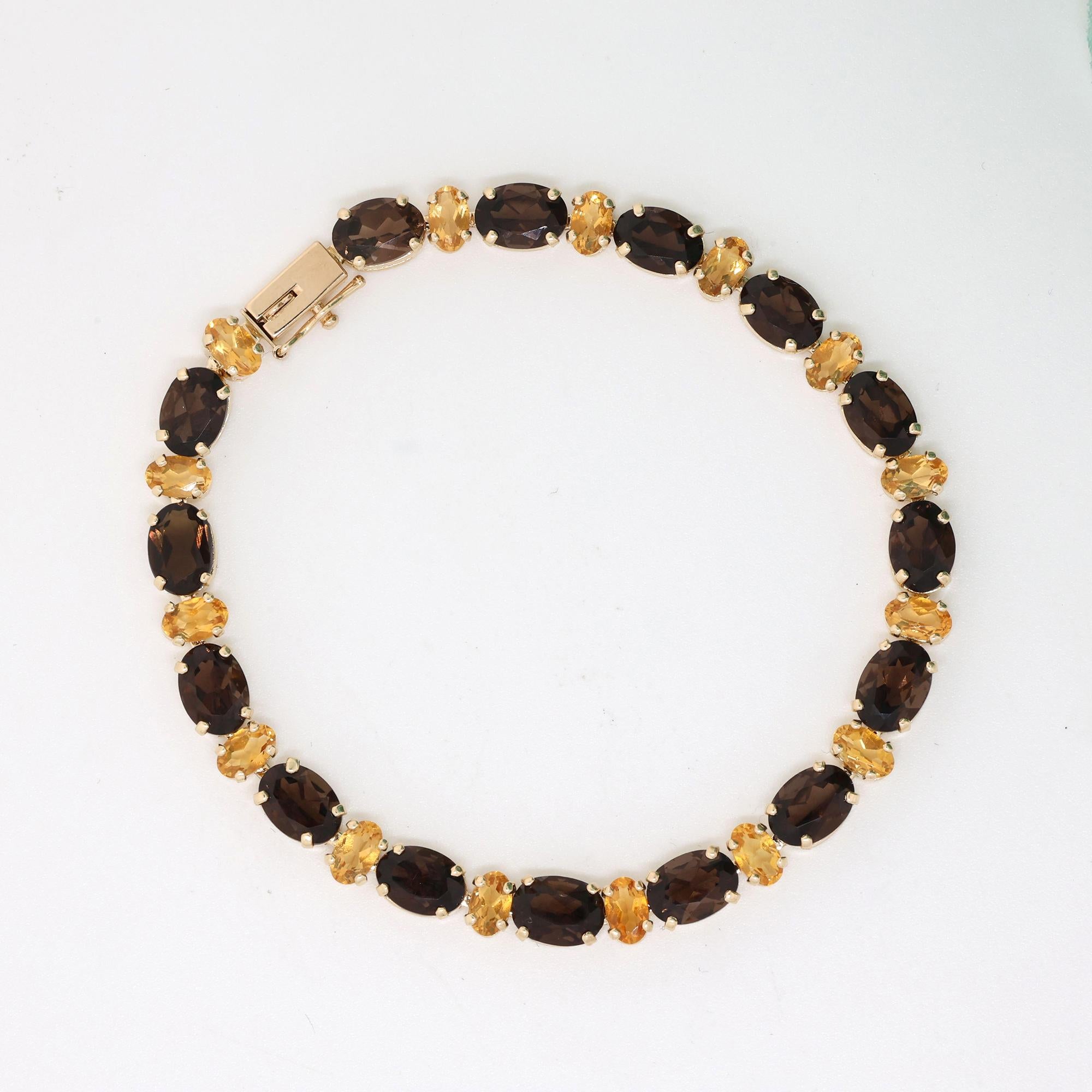 13.50 CTW Oval Smoky Quartz Citrine Gemstone Line Bracelet 14K Yellow Gold 6.75"