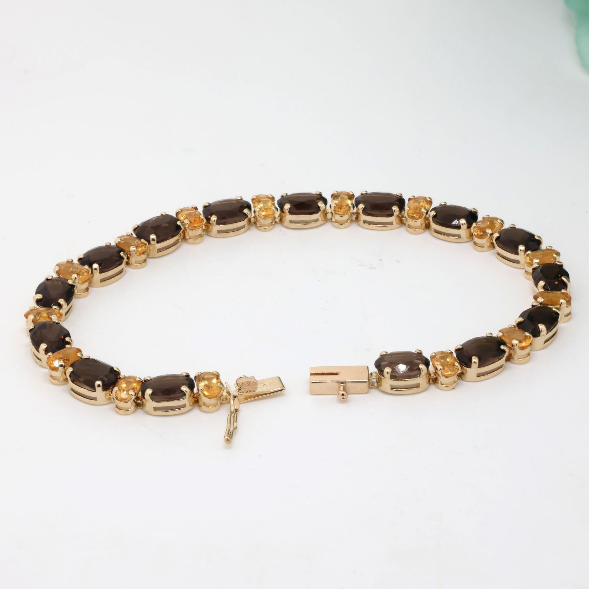 13.50 CTW Oval Smoky Quartz Citrine Gemstone Line Bracelet 14K Yellow Gold 6.75"