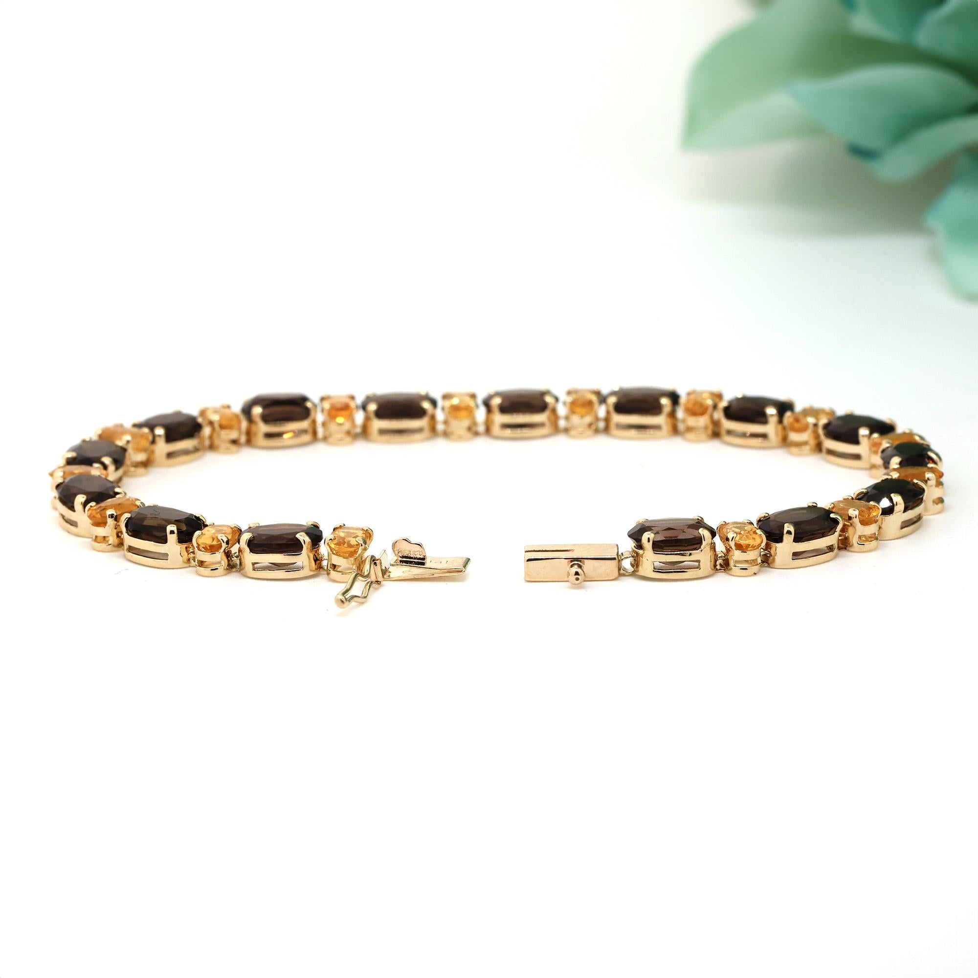 13.50 CTW Oval Smoky Quartz Citrine Gemstone Line Bracelet 14K Yellow Gold 6.75"