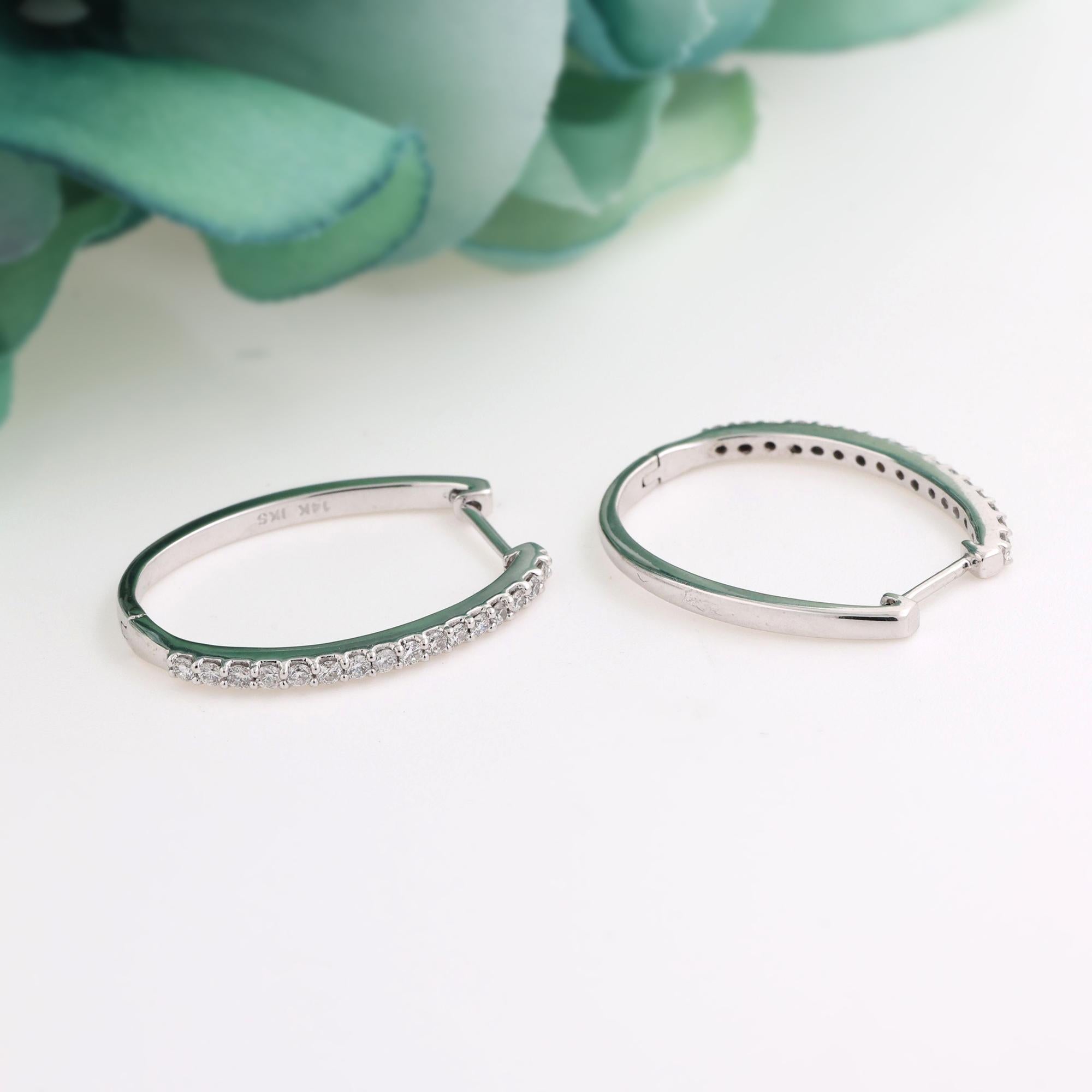 0.60 TW Diamond Oval Hoop Earrings 14K White Gold 0.95" Ladies Estate