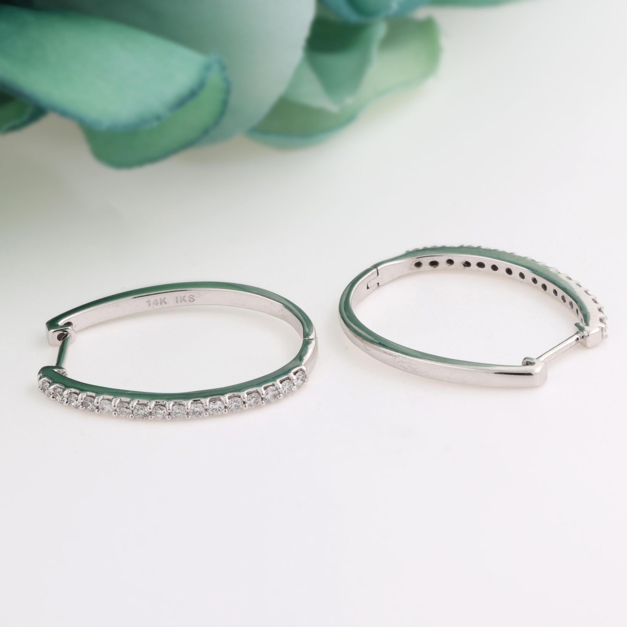 0.60 TW Diamond Oval Hoop Earrings 14K White Gold 0.95" Ladies Estate