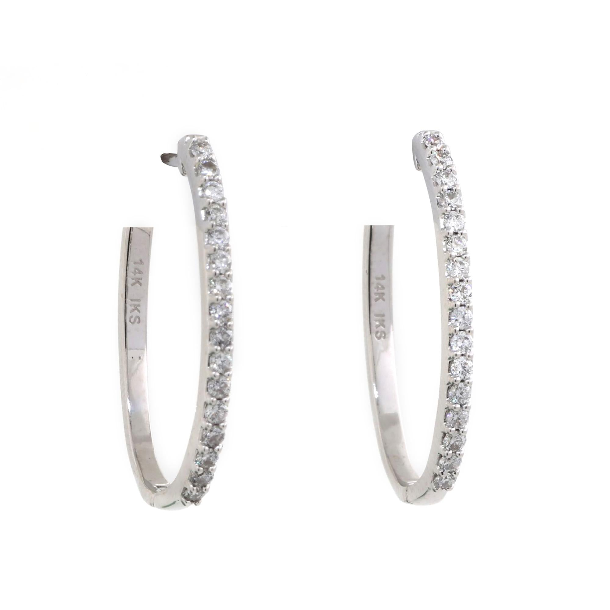 0.60 TW Diamond Oval Hoop Earrings 14K White Gold 0.95" Ladies Estate