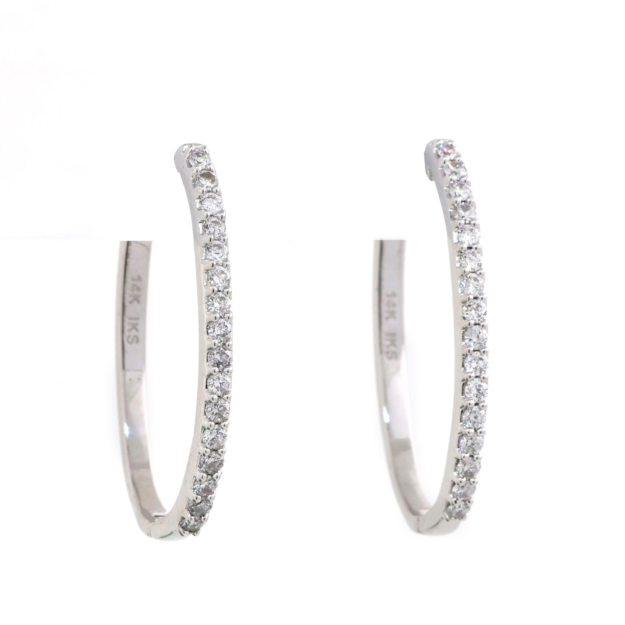 0.60 TW Diamond Oval Hoop Earrings 14K White Gold 0.95" Ladies Estate