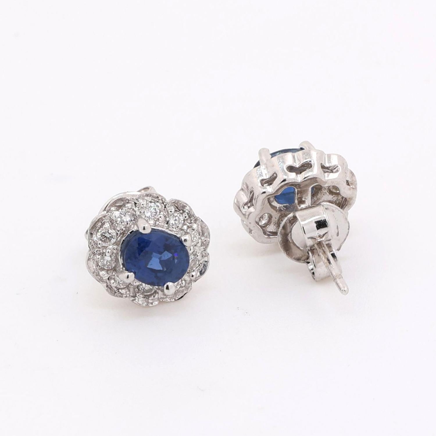 Oval Sapphire Halo Diamond Floral Stud Earrings 14K White Gold 1.28 CTW Ladies