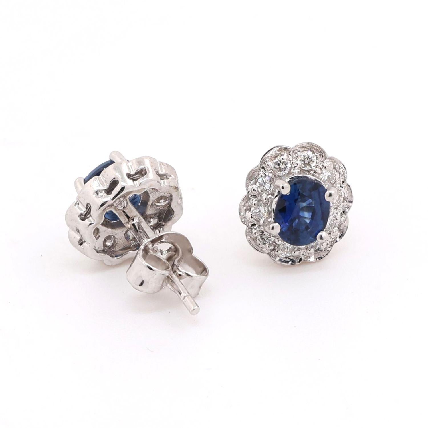 Oval Sapphire Halo Diamond Floral Stud Earrings 14K White Gold 1.28 CTW Ladies