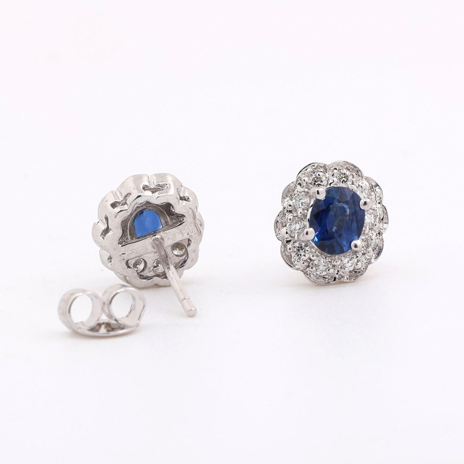 Oval Sapphire Halo Diamond Floral Stud Earrings 14K White Gold 1.28 CTW Ladies