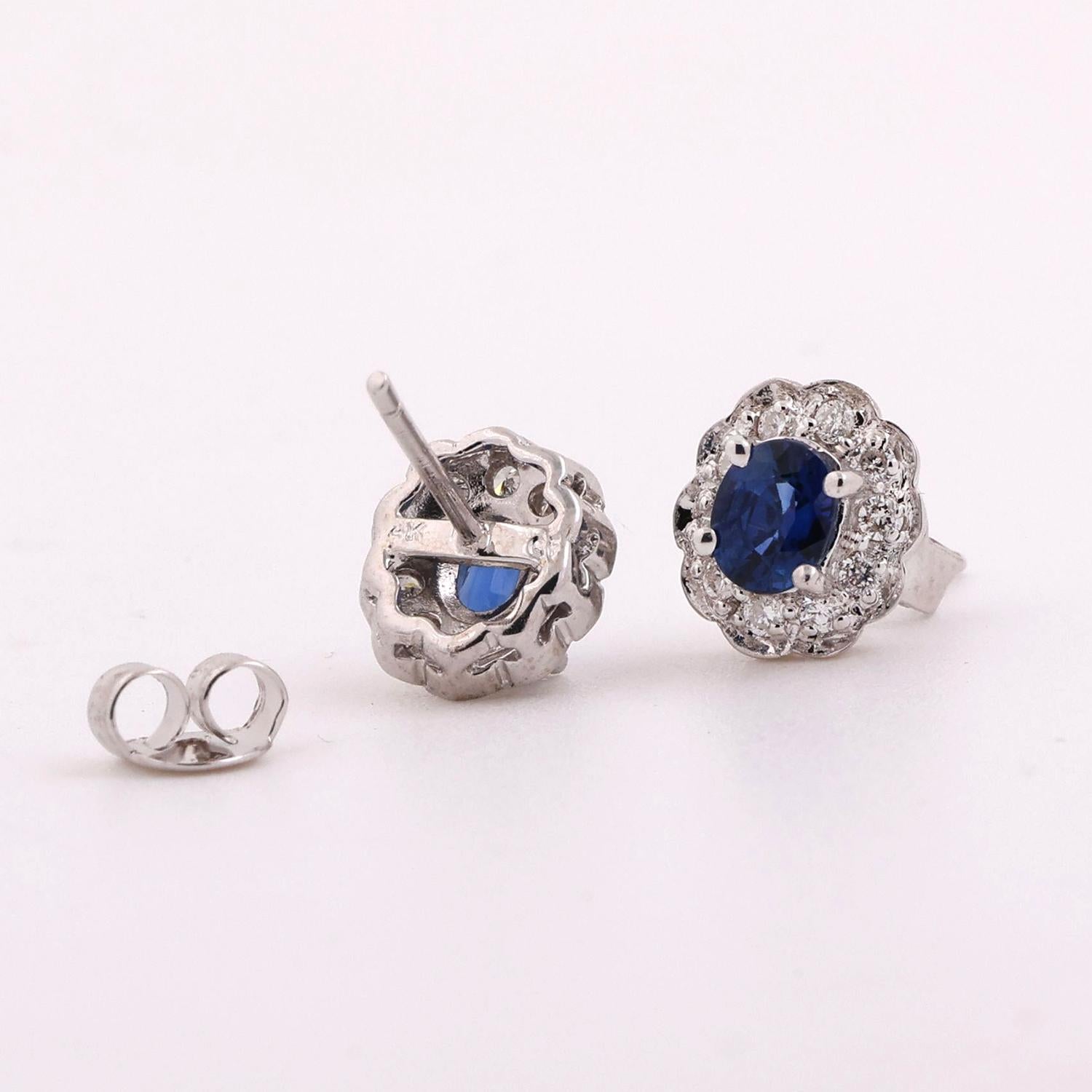 Oval Sapphire Halo Diamond Floral Stud Earrings 14K White Gold 1.28 CTW Ladies