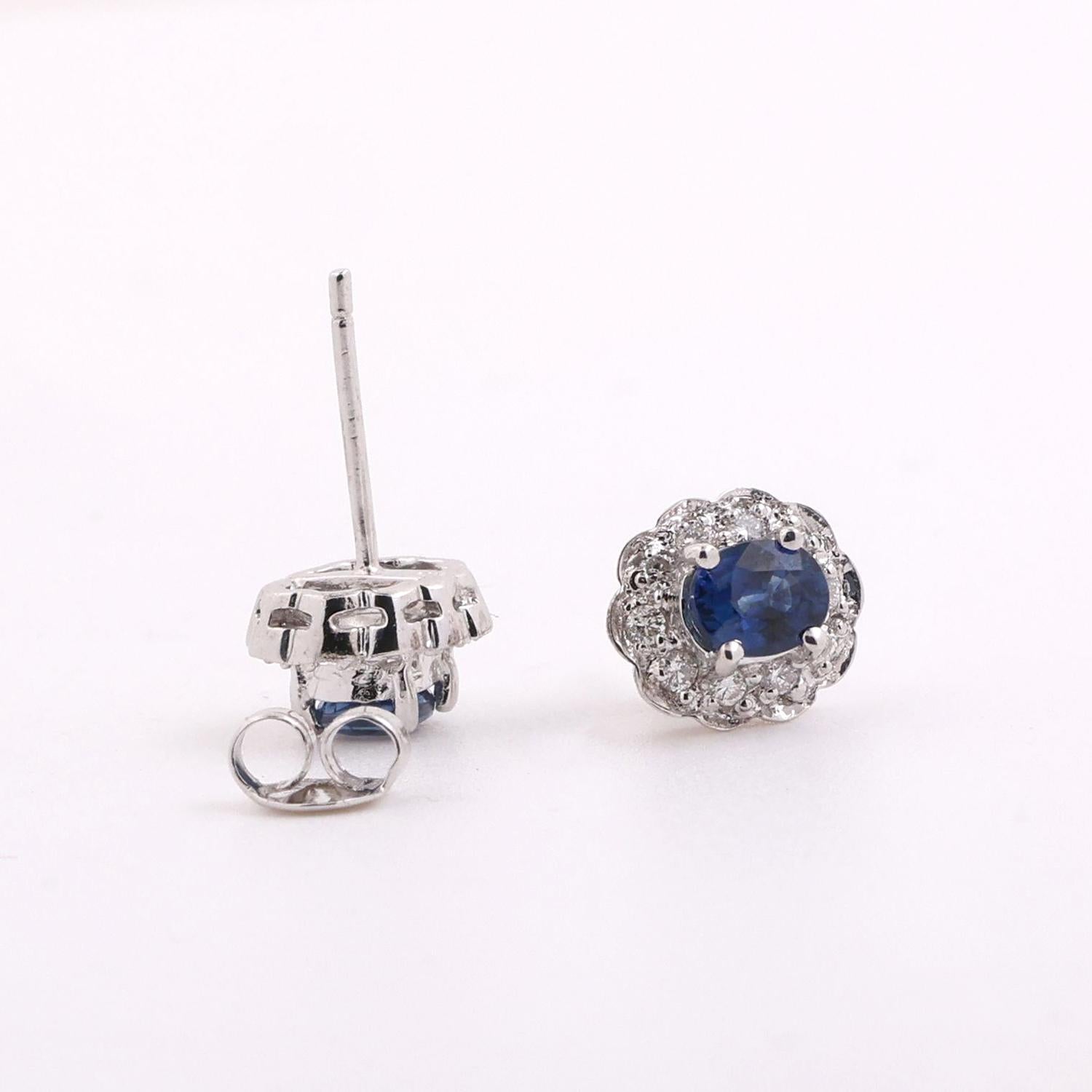 Oval Sapphire Halo Diamond Floral Stud Earrings 14K White Gold 1.28 CTW Ladies