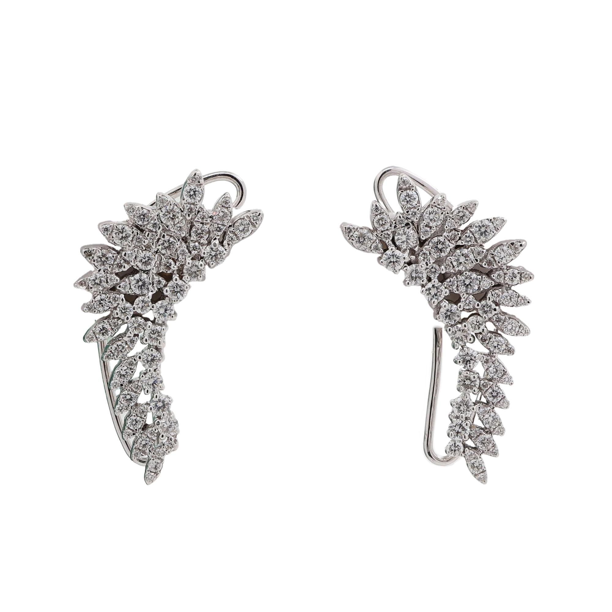 2.75 TW Cluster Diamond Feather Ear Cuff Earrings 18K White Gold 1.05" Estate