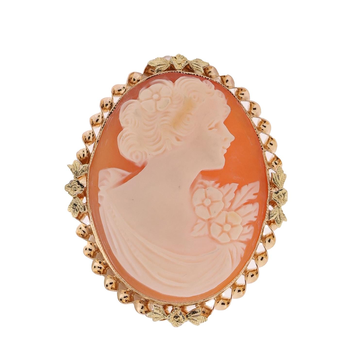 Vintage Cameo Brooch Pin 10K Yellow Gold Frame Ladies Estate 1.33"