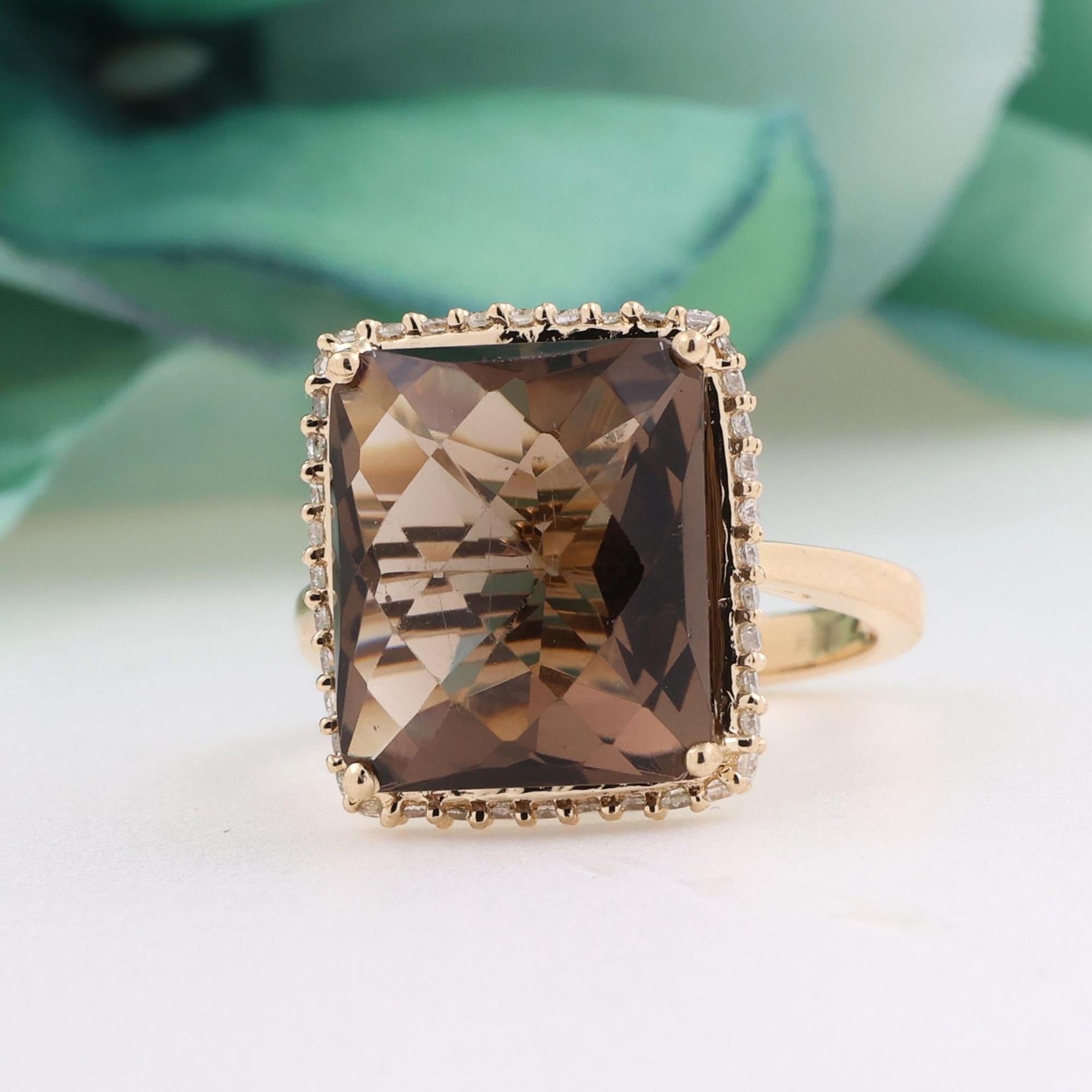 Effy Smoky Quartz Diamond Cocktail Ring 8.40 CTW 14K Yellow Gold Size 6.75
