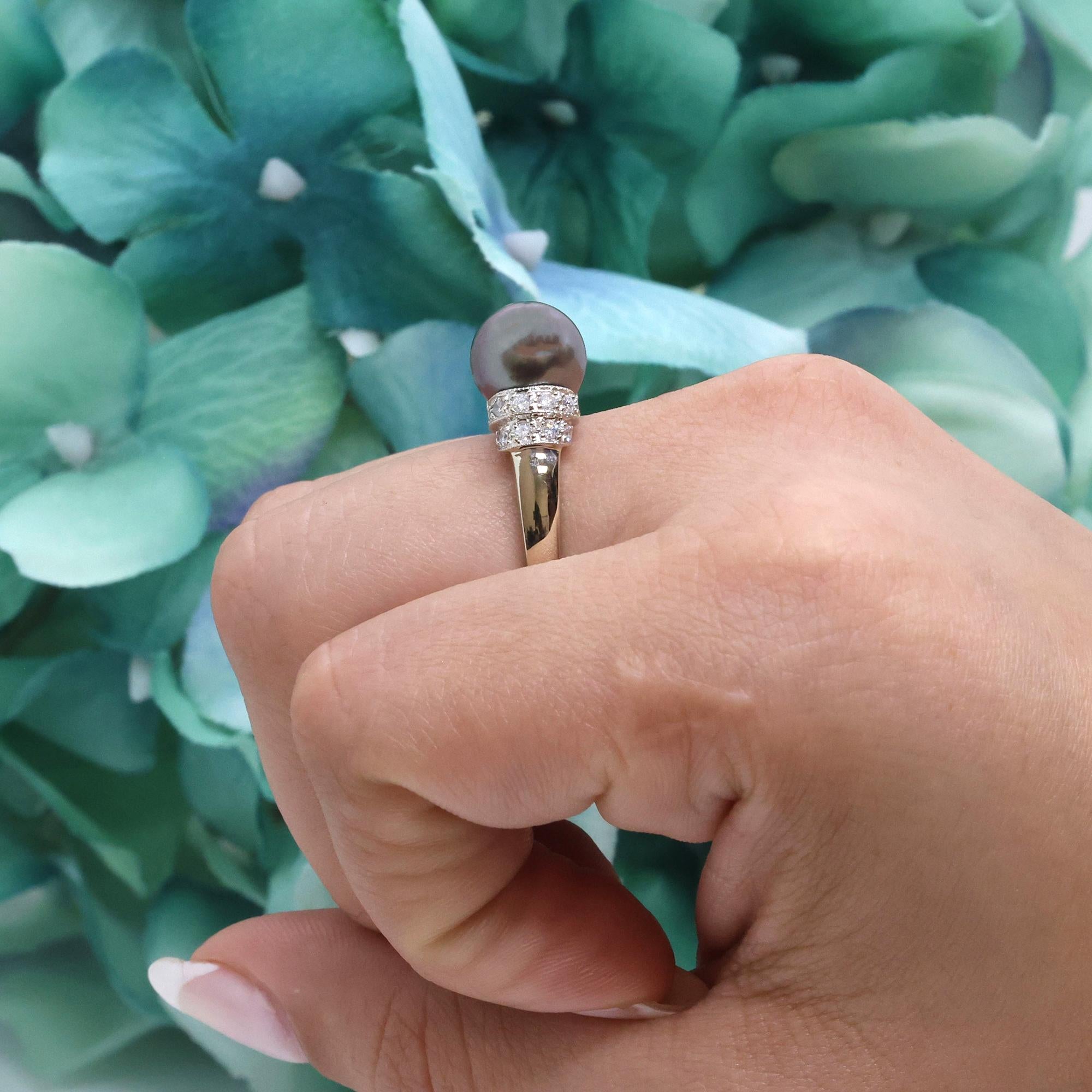 Tahitian Pearl Diamond Cocktail Ring 14K Gold Size 8.5 Ladies Estate
