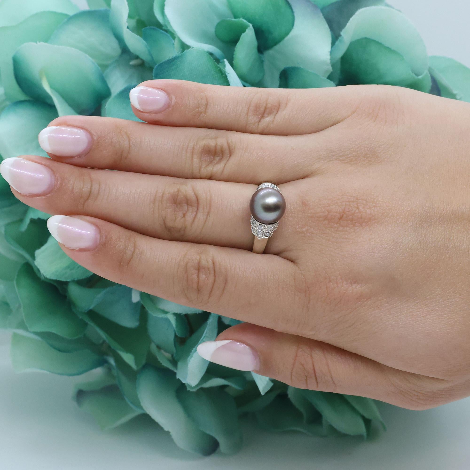 Tahitian Pearl Diamond Cocktail Ring 14K Gold Size 8.5 Ladies Estate