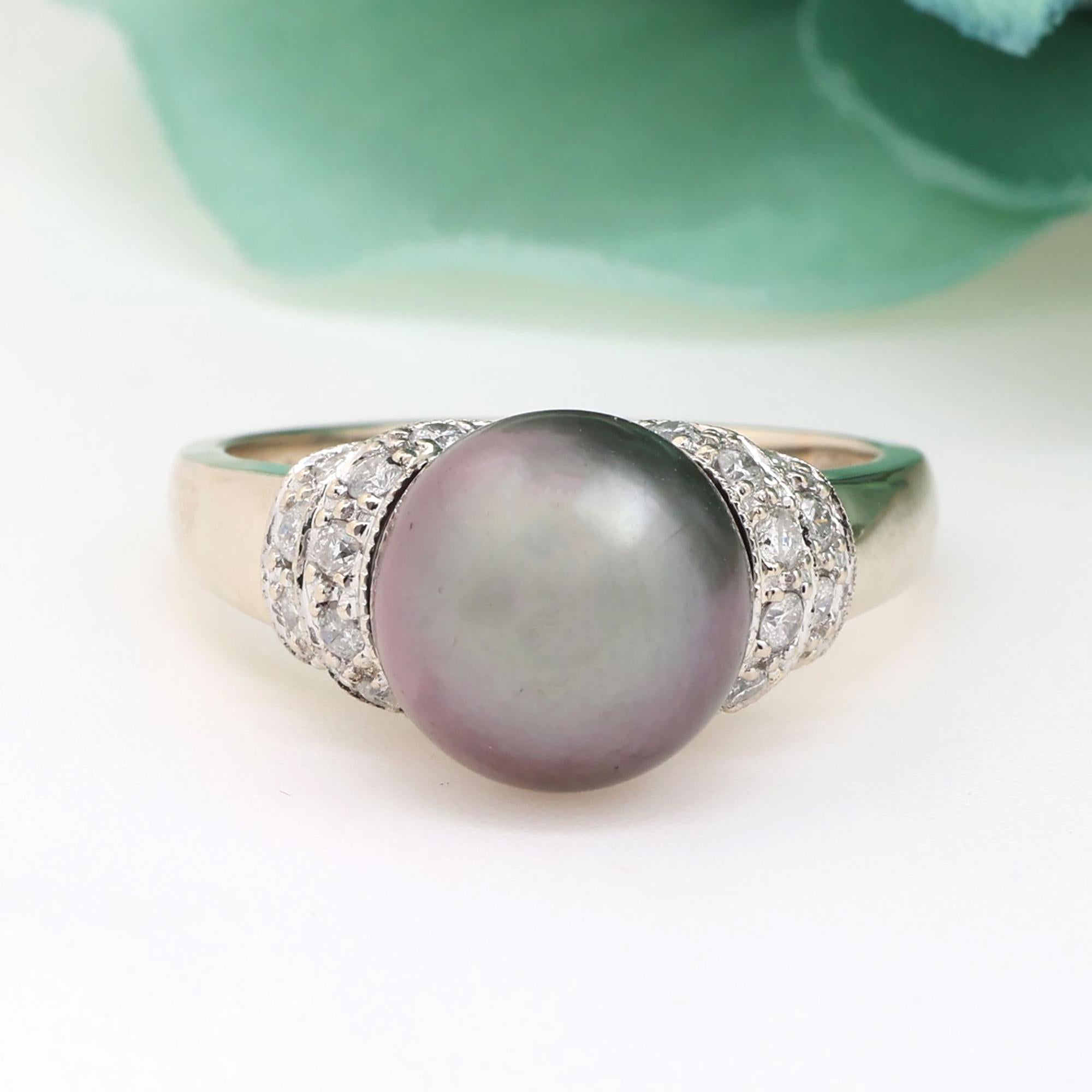 Tahitian Pearl Diamond Cocktail Ring 14K Gold Size 8.5 Ladies Estate