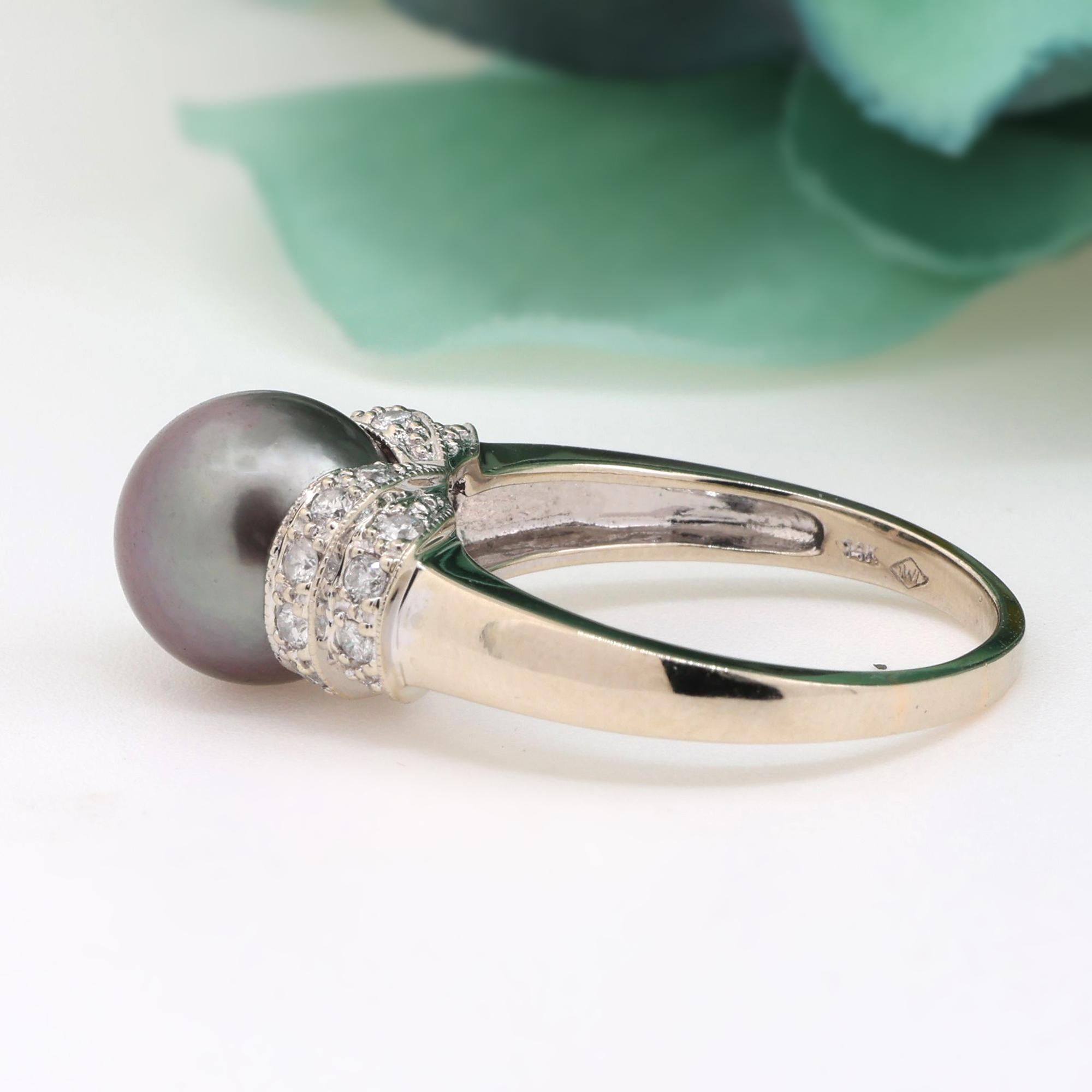 Tahitian Pearl Diamond Cocktail Ring 14K Gold Size 8.5 Ladies Estate
