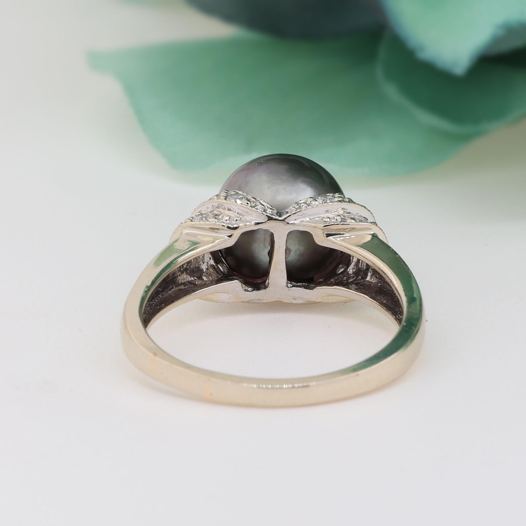 Tahitian Pearl Diamond Cocktail Ring 14K Gold Size 8.5 Ladies Estate