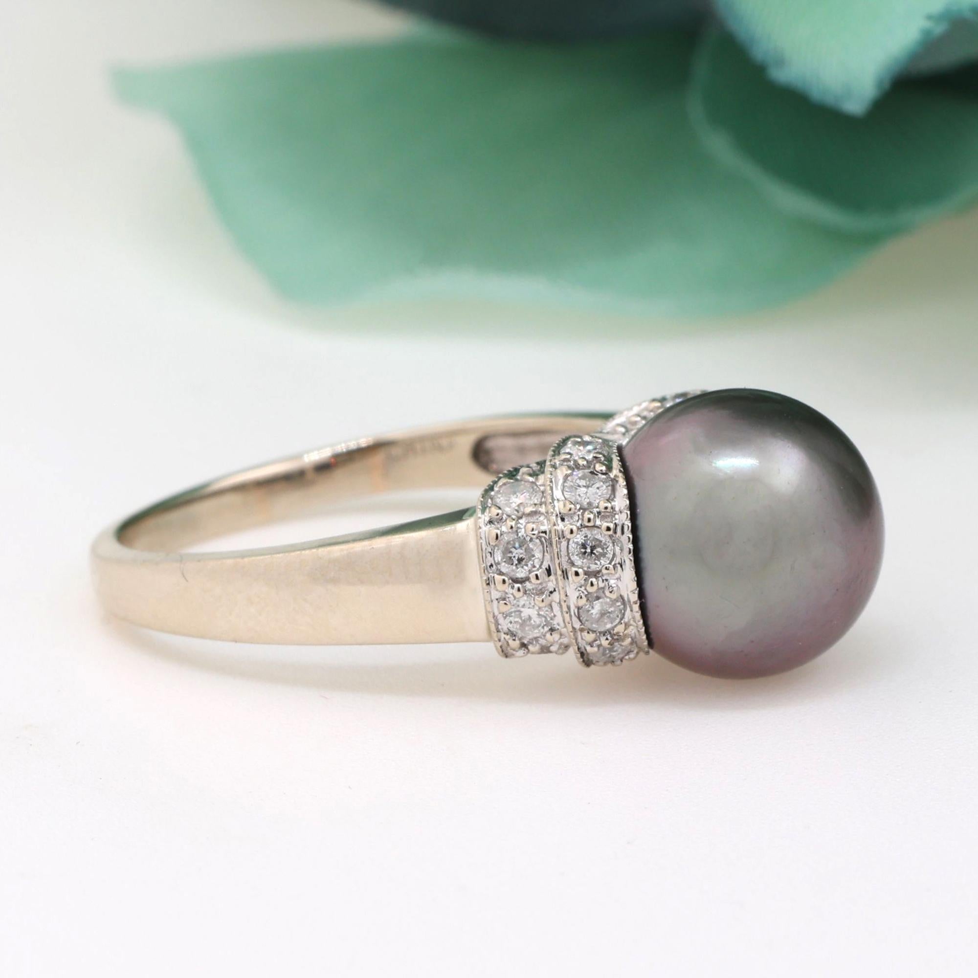 Tahitian Pearl Diamond Cocktail Ring 14K Gold Size 8.5 Ladies Estate
