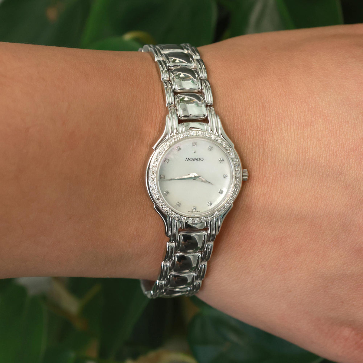 Ladies Movado Watch Mother of Pearl Dial 0.50 TW Diamond Bezel 14K White Gold 6"