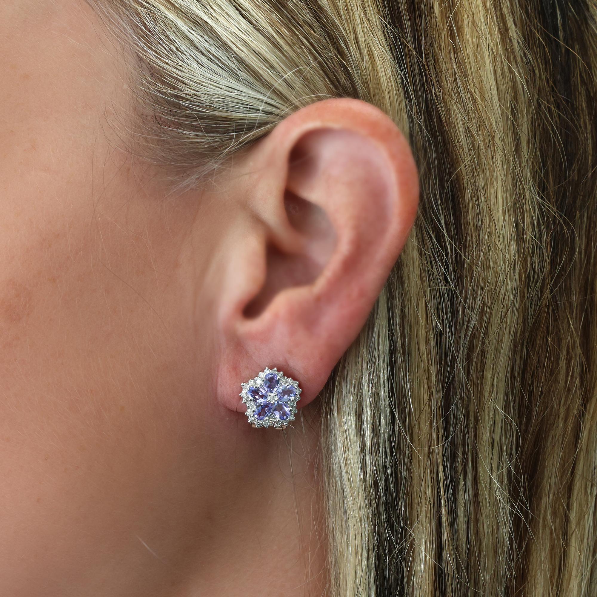 Tanzanite Diamond Floral Earrings 14K White Gold 2.50 CTW Omega Backs 12.75 mm