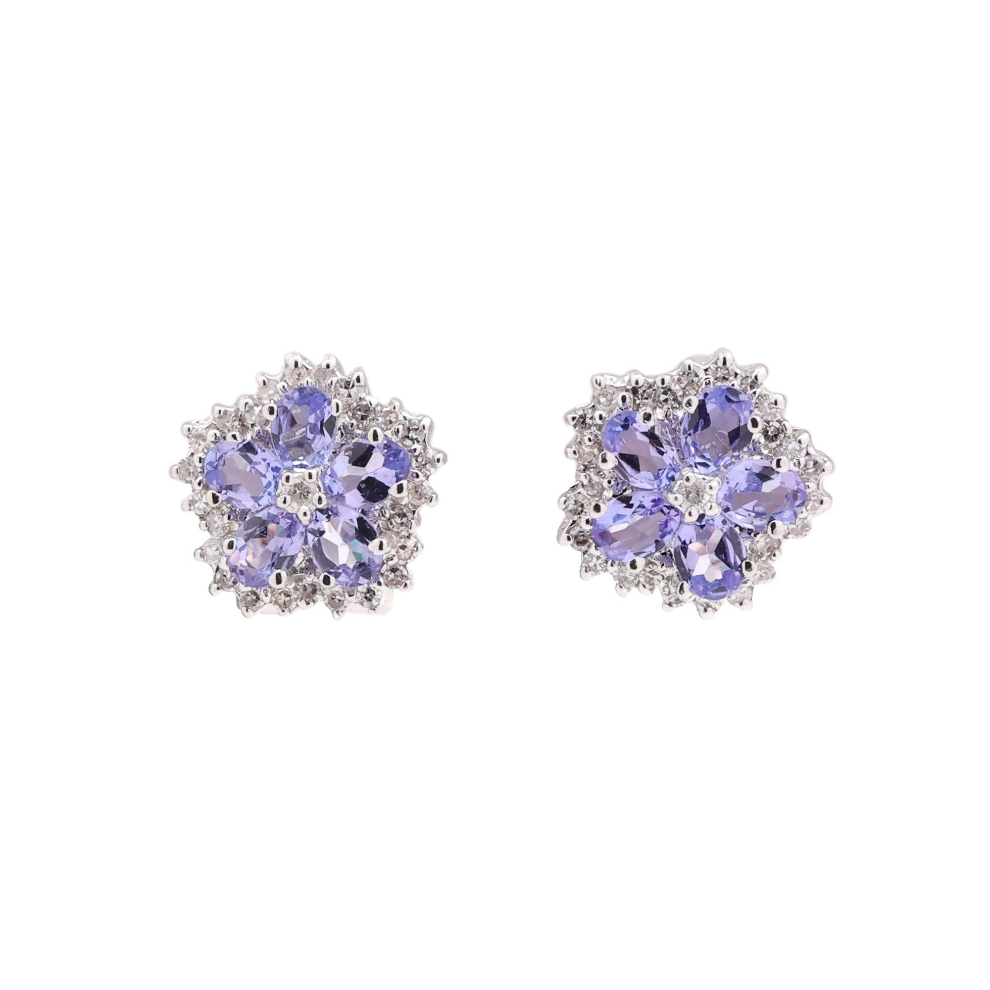 Tanzanite Diamond Floral Earrings 14K White Gold 2.50 CTW Omega Backs 12.75 mm