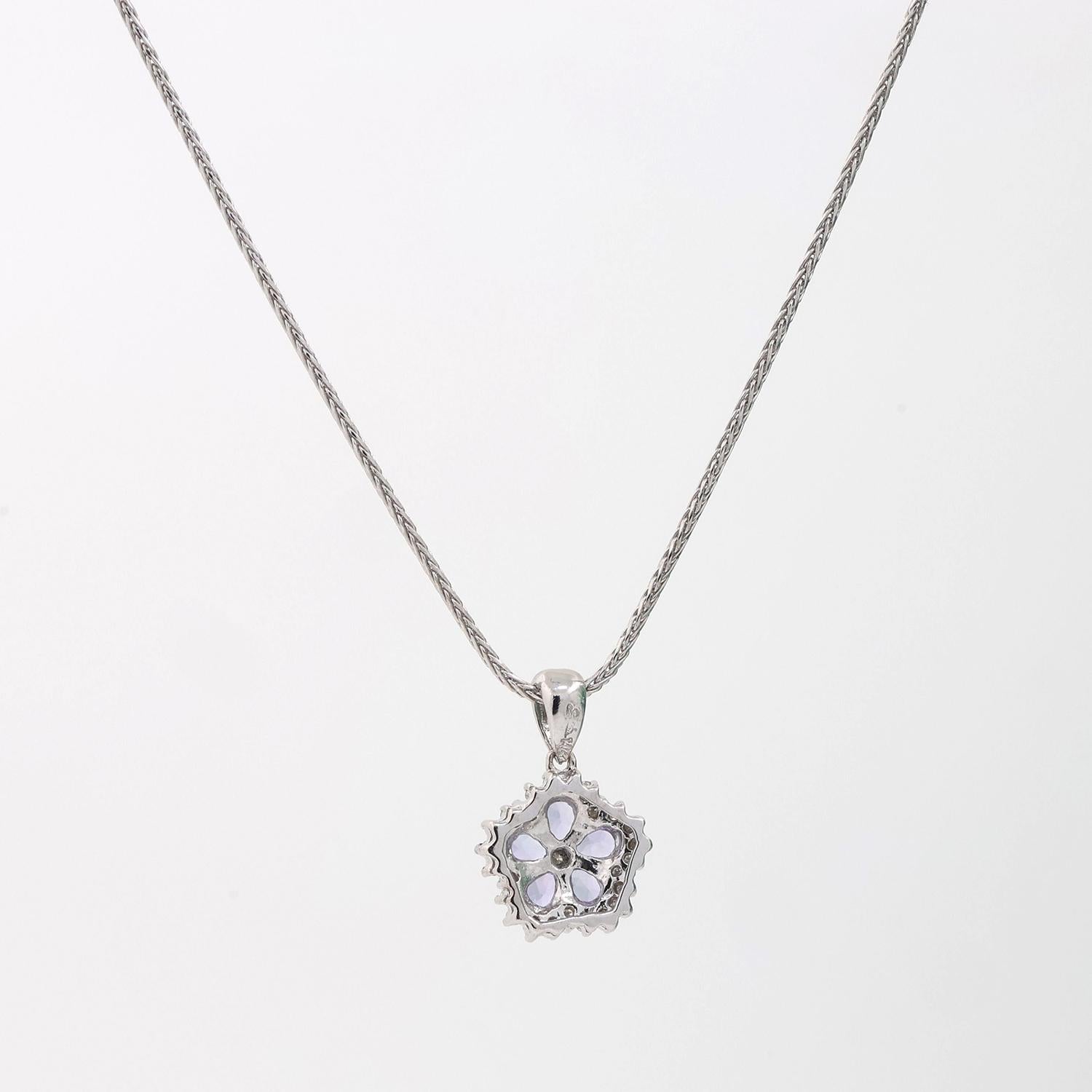 Tanzanite Diamond Floral Pendant Wheat Chain Necklace 14K White Gold 1.20 TW 16"