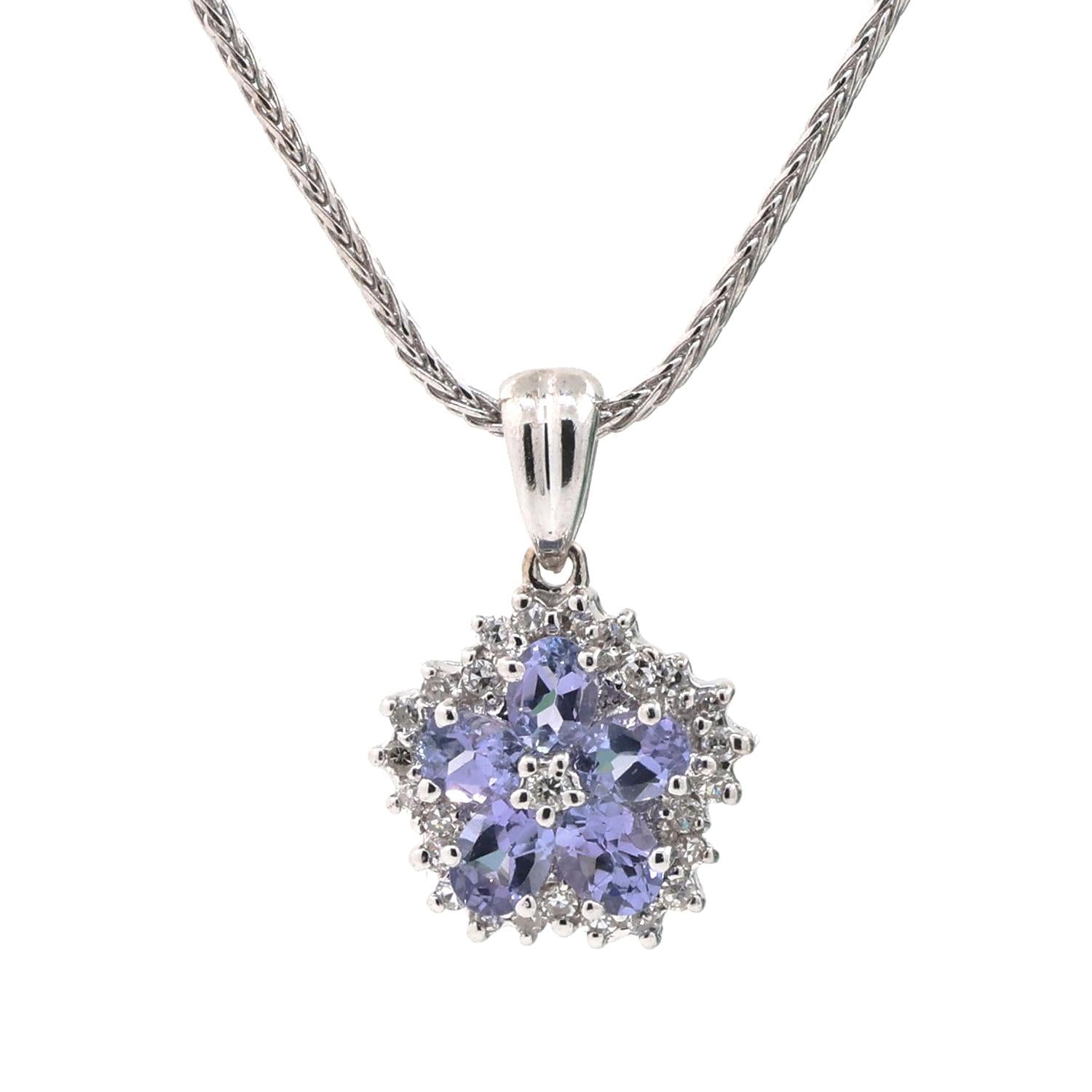 Tanzanite Diamond Floral Pendant Wheat Chain Necklace 14K White Gold 1.20 TW 16"