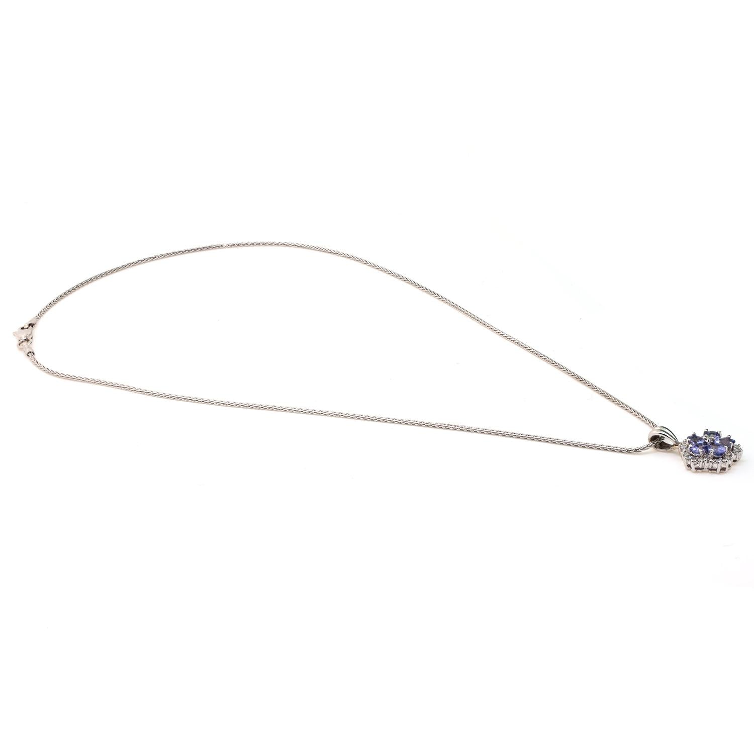 Tanzanite Diamond Floral Pendant Wheat Chain Necklace 14K White Gold 1.20 TW 16"