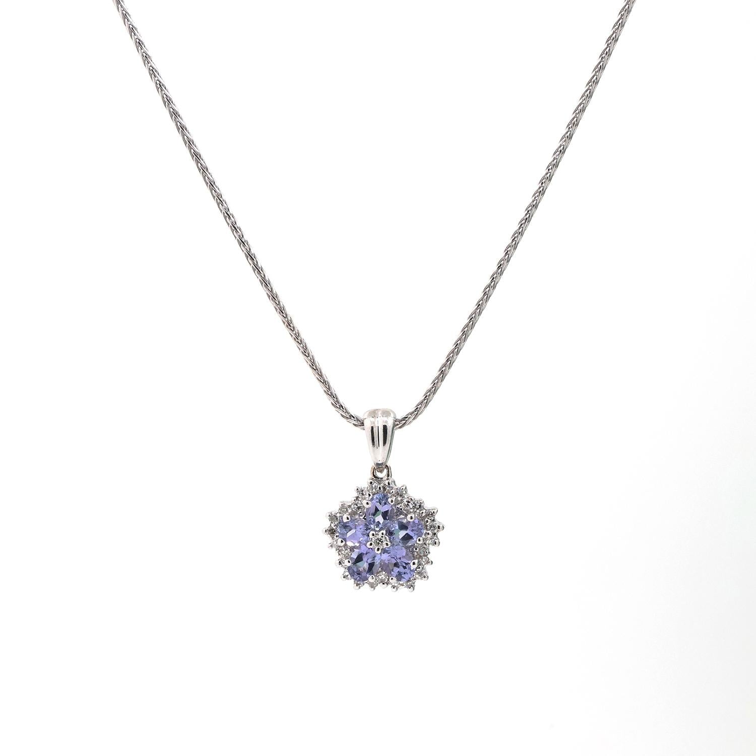 Tanzanite Diamond Floral Pendant Wheat Chain Necklace 14K White Gold 1.20 TW 16"