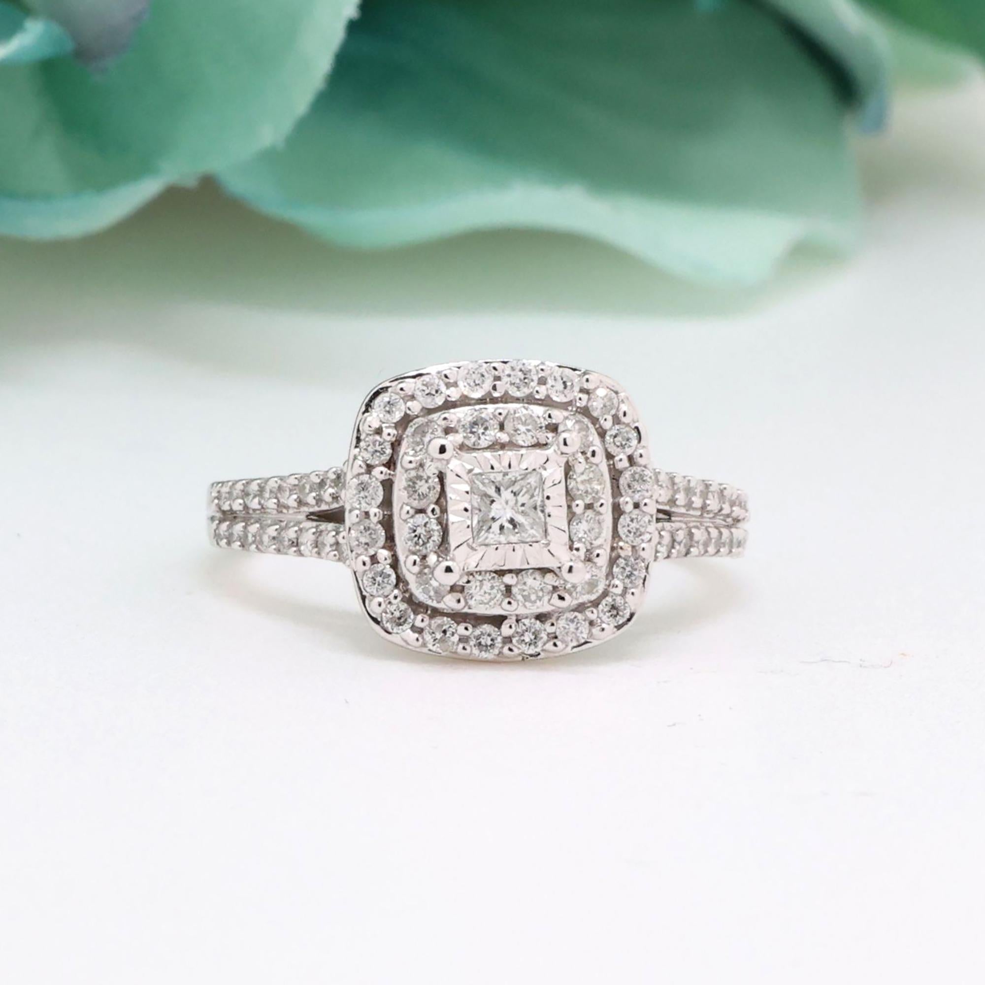 Princess Diamond Square Halo Ring Round Accents 10K White Gold 0.75 TW Size 5.25