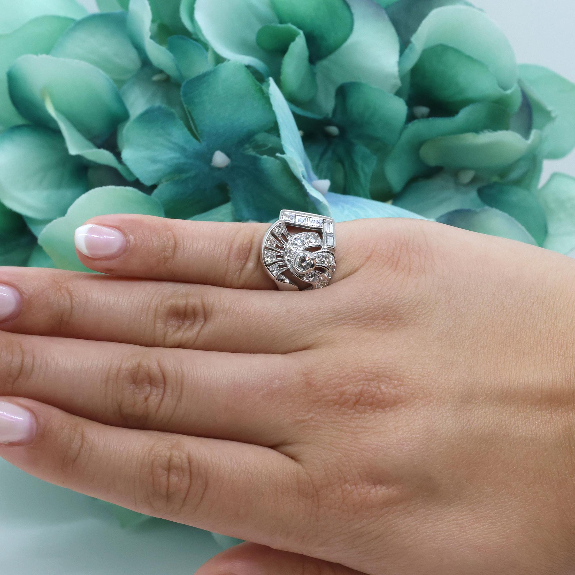 Vintage Platinum Diamond Statement Ring 0.90 TW Round Baguette Diamonds SZ 4.25