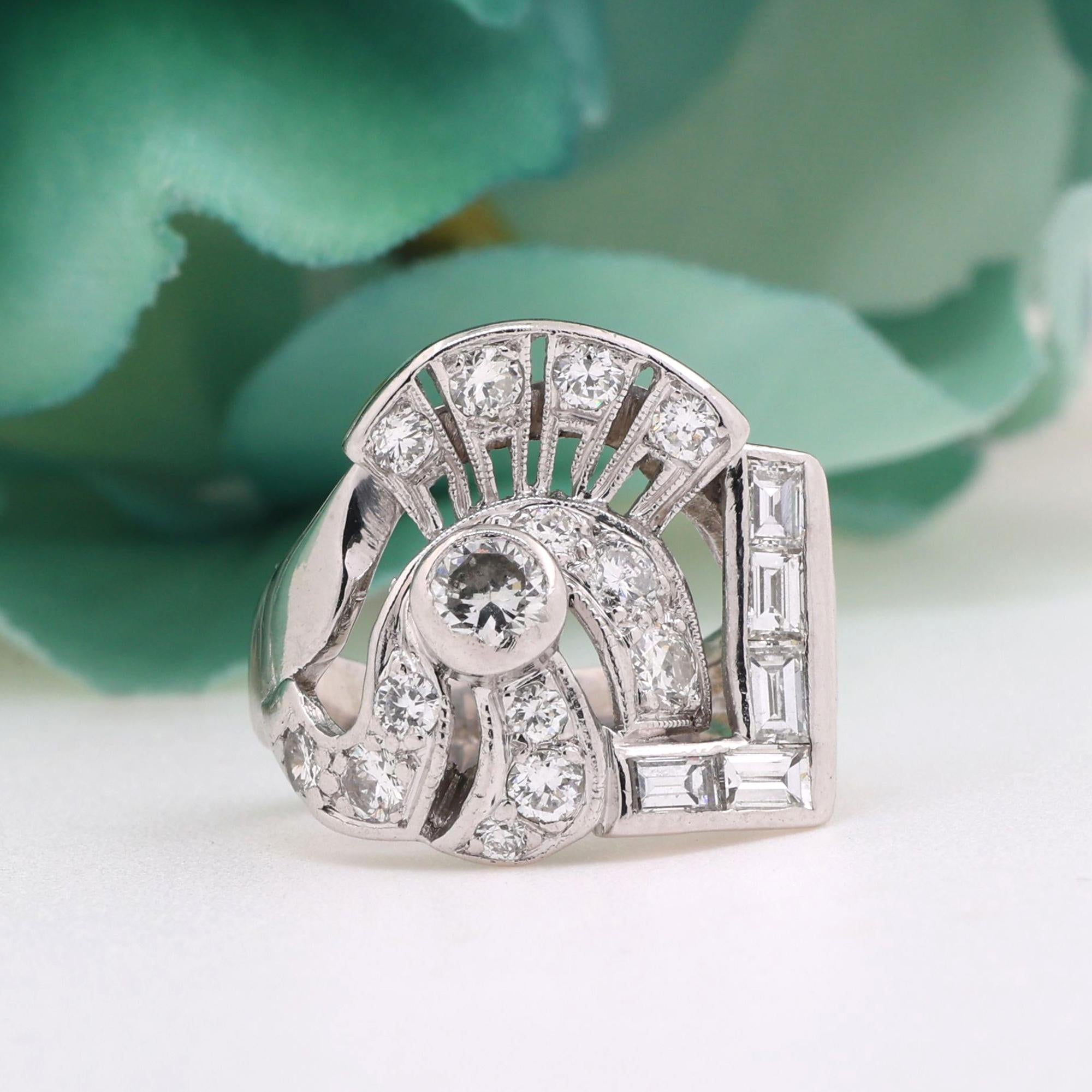 Vintage Platinum Diamond Statement Ring 0.90 TW Round Baguette Diamonds SZ 4.25