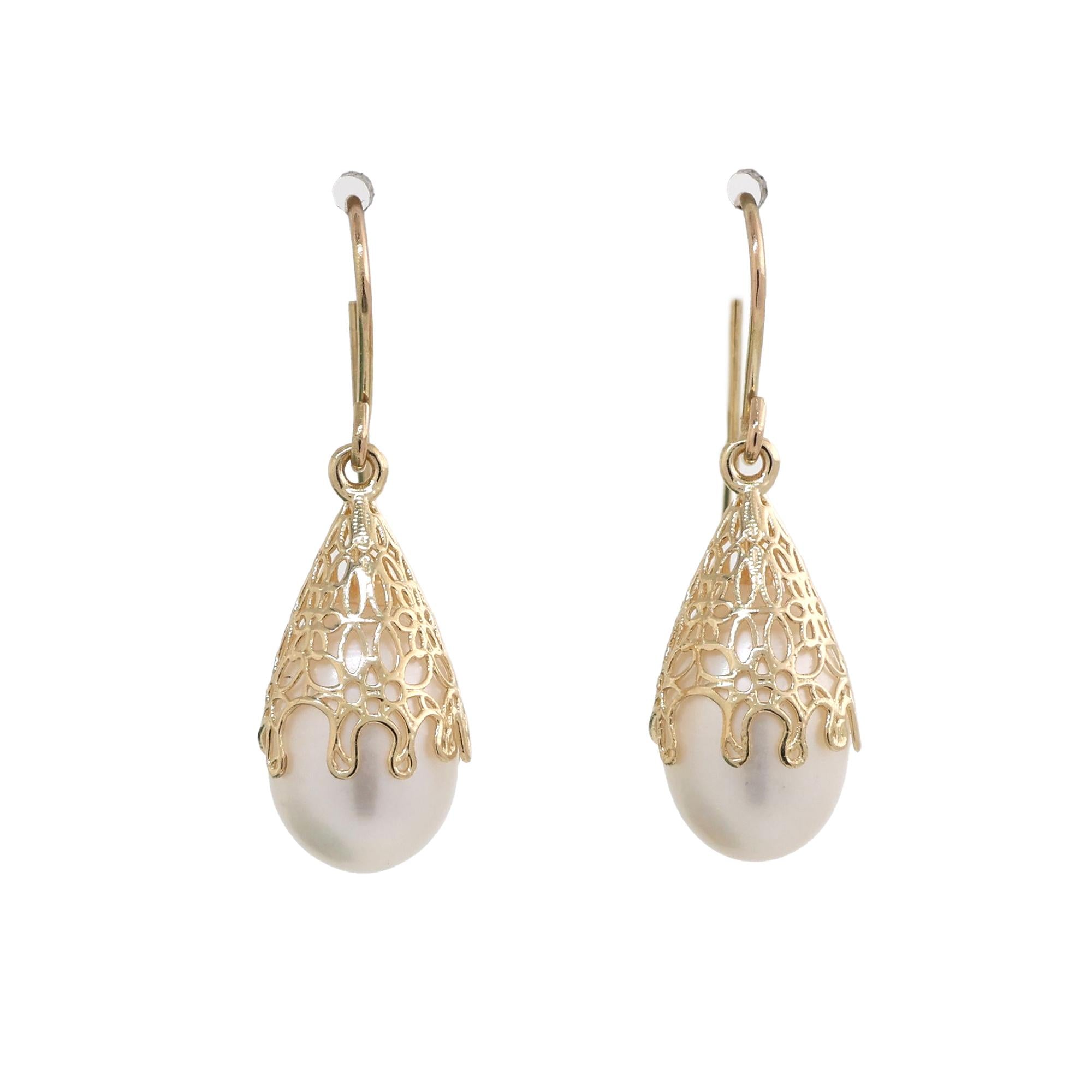 Freshwater Pearl Filigree Dangle Earrings 14K Yellow Gold 0.90" Vintage Estate