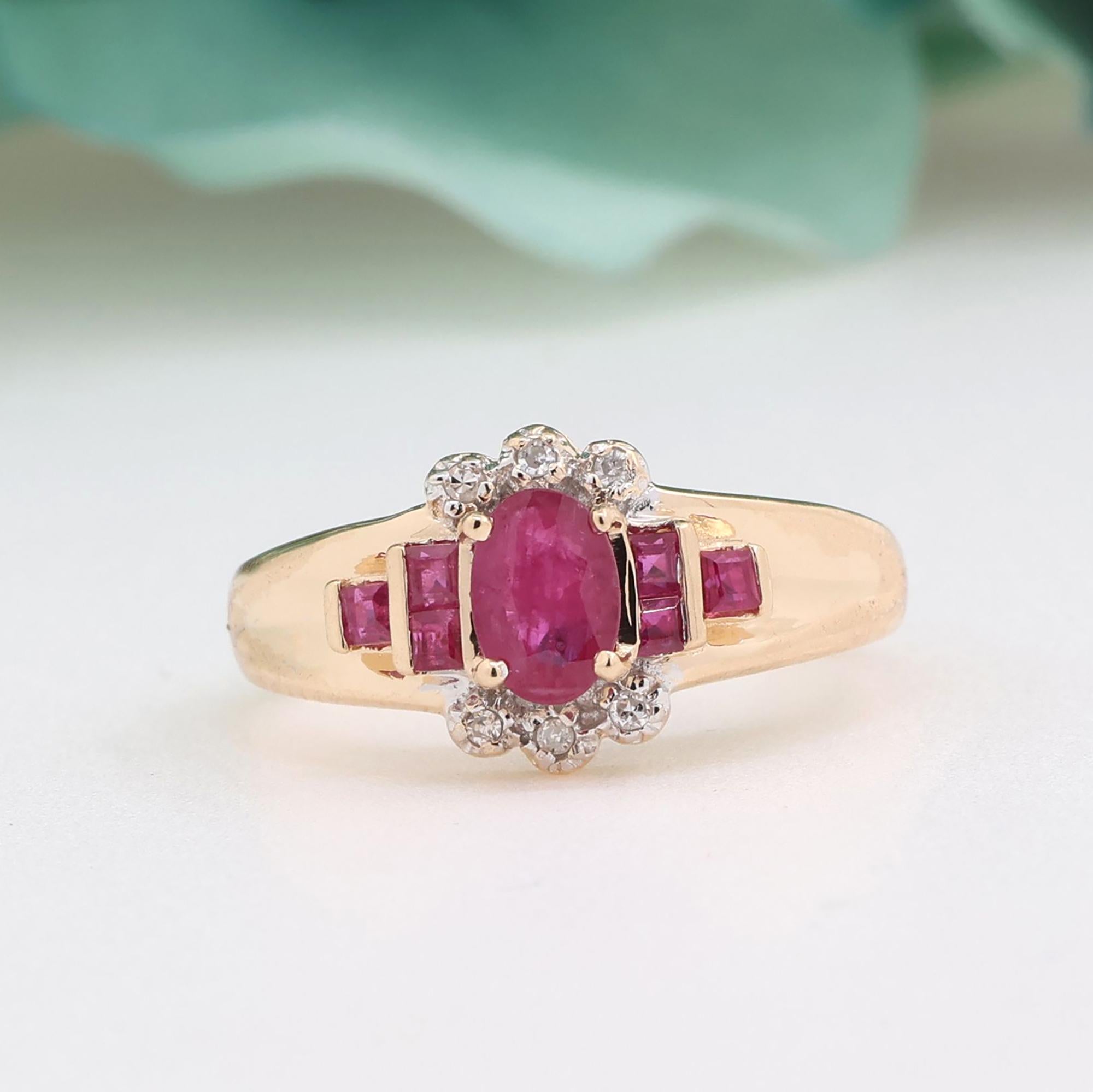 0.82 CTW Ruby Diamond Floral Cocktail Ring 14K Yellow Gold Size 7 Ladies Estate