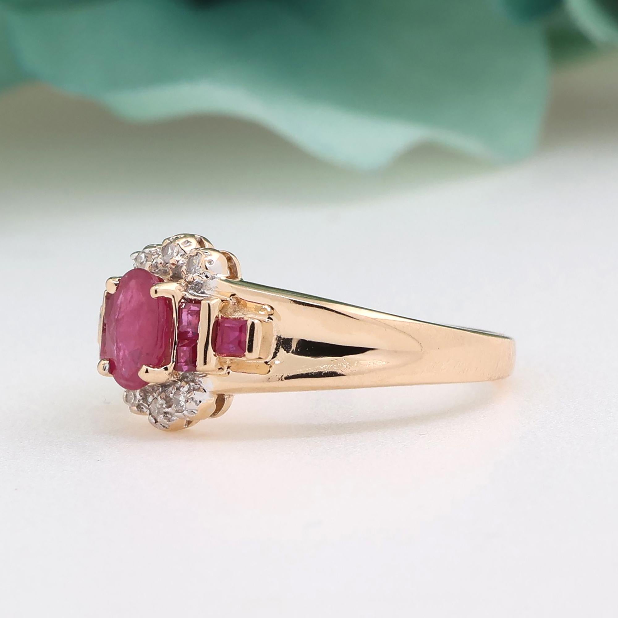 0.82 CTW Ruby Diamond Floral Cocktail Ring 14K Yellow Gold Size 7 Ladies Estate