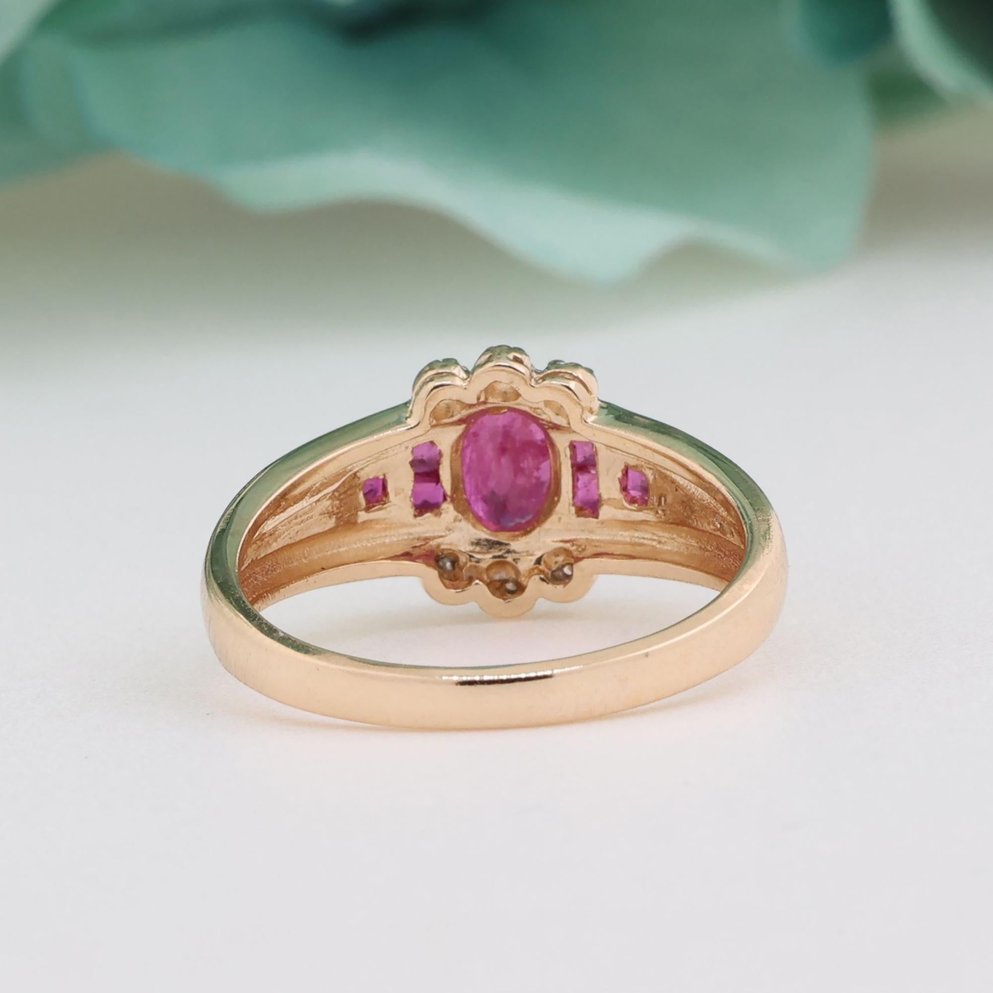 0.82 CTW Ruby Diamond Floral Cocktail Ring 14K Yellow Gold Size 7 Ladies Estate