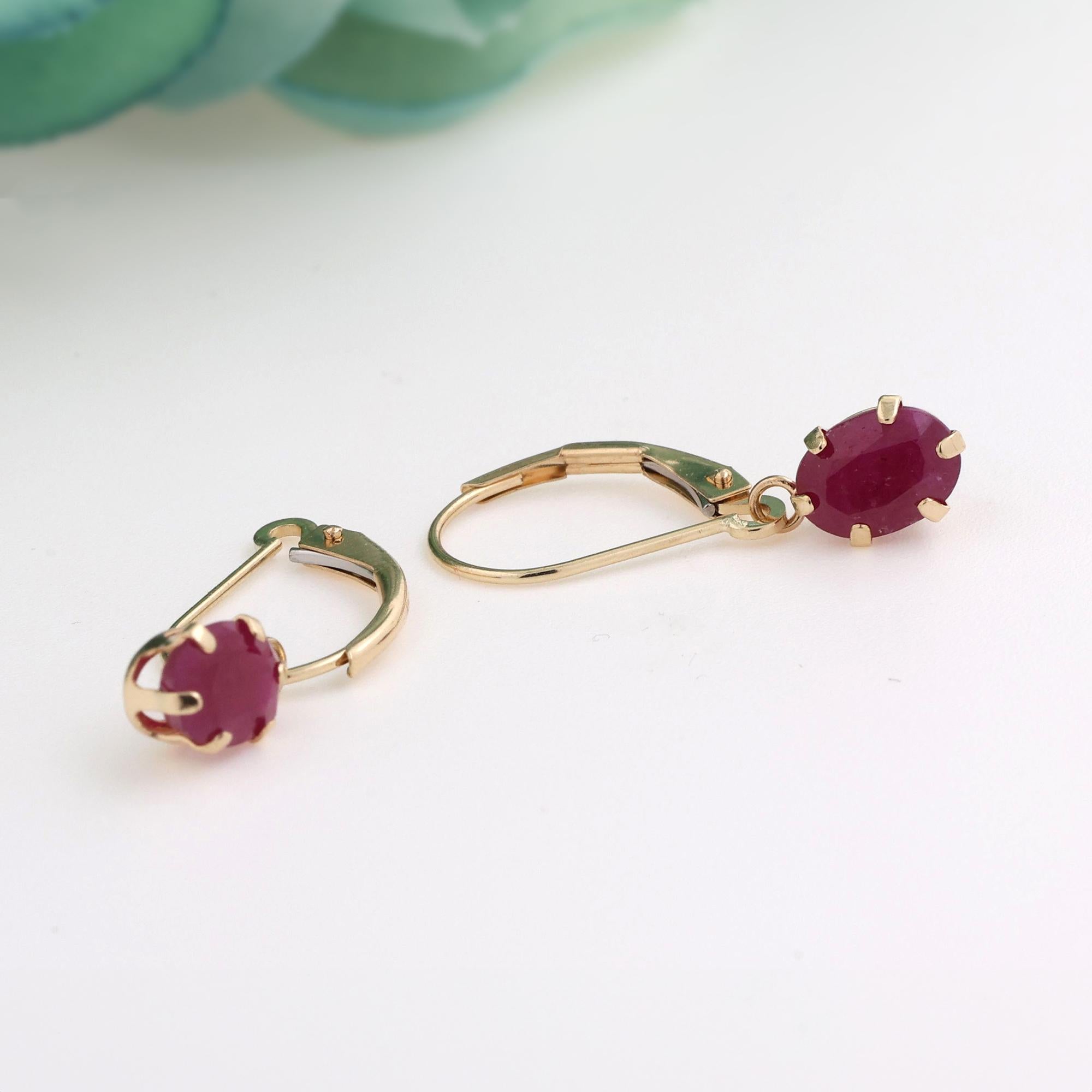 Ruby Drop Dangle Earrings 14K Yellow Gold 2.00 CTW Lever Backs Ladies