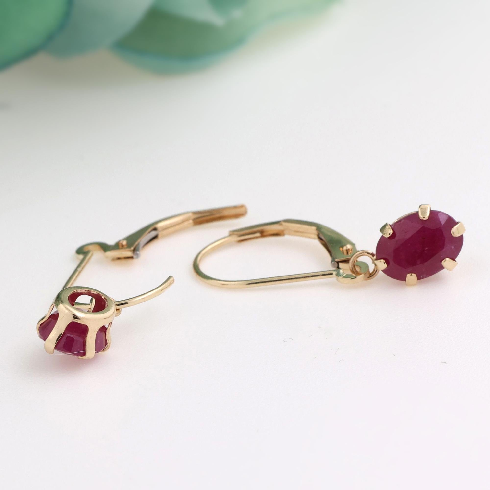 Ruby Drop Dangle Earrings 14K Yellow Gold 2.00 CTW Lever Backs Ladies