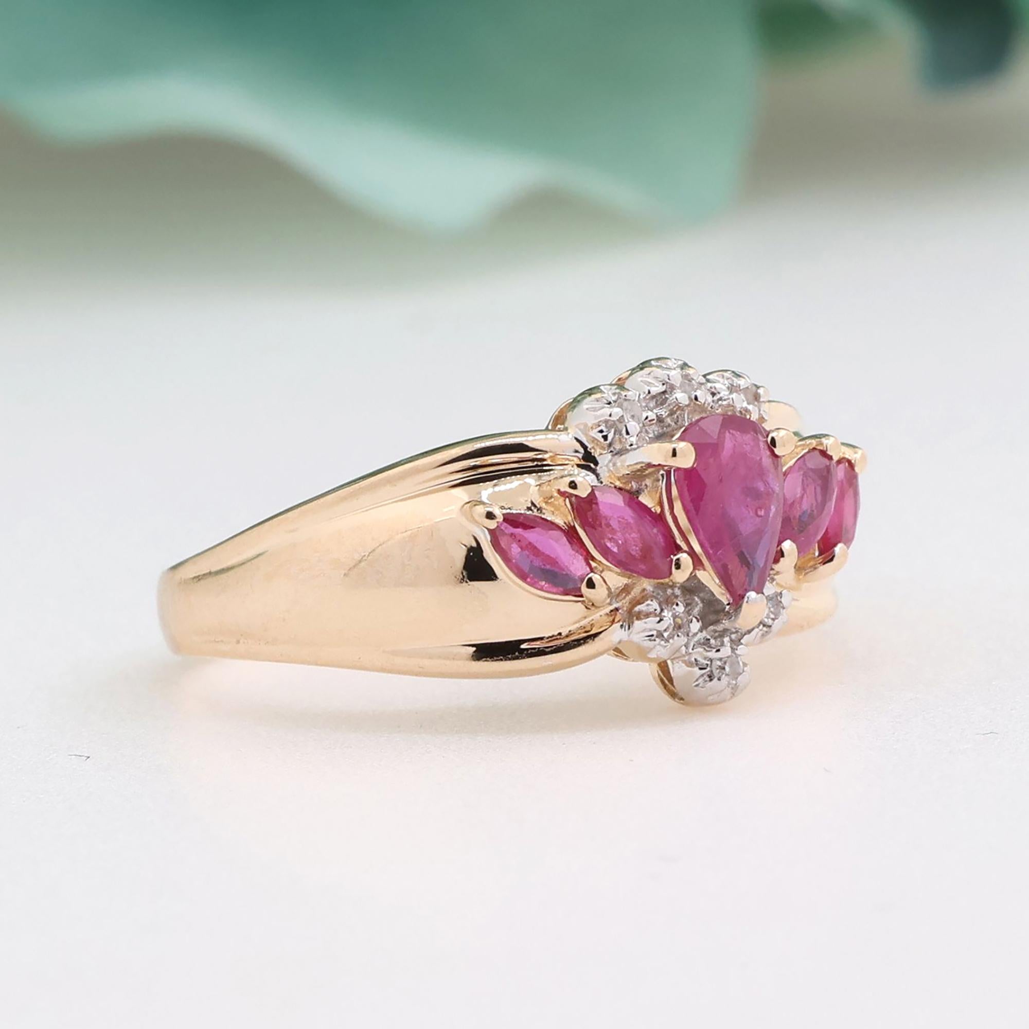 Ruby Diamond Floral Cocktail Ring 14K Gold 0.87 CTW Size 7.25 Ladies Estate