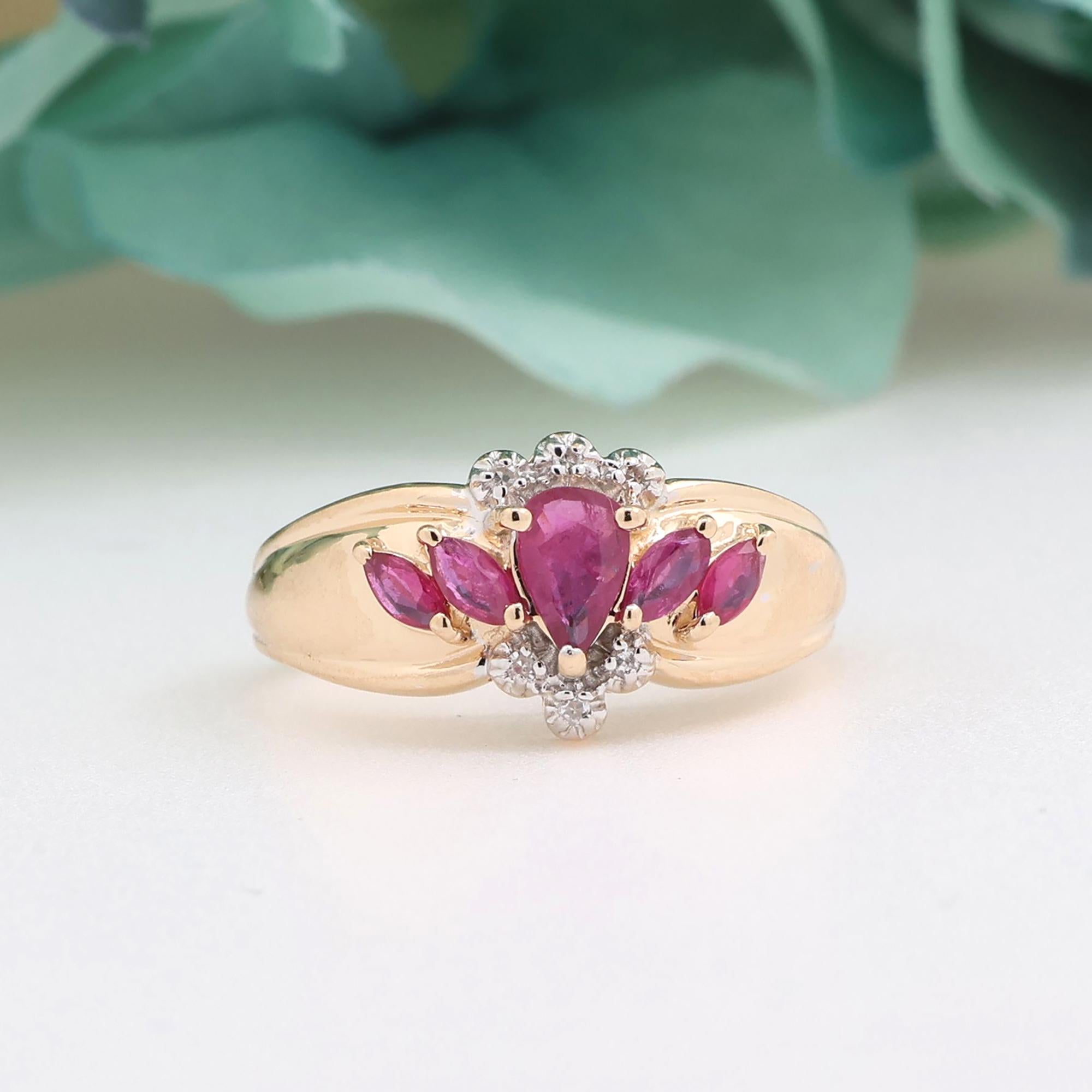 Ruby Diamond Floral Cocktail Ring 14K Gold 0.87 CTW Size 7.25 Ladies Estate