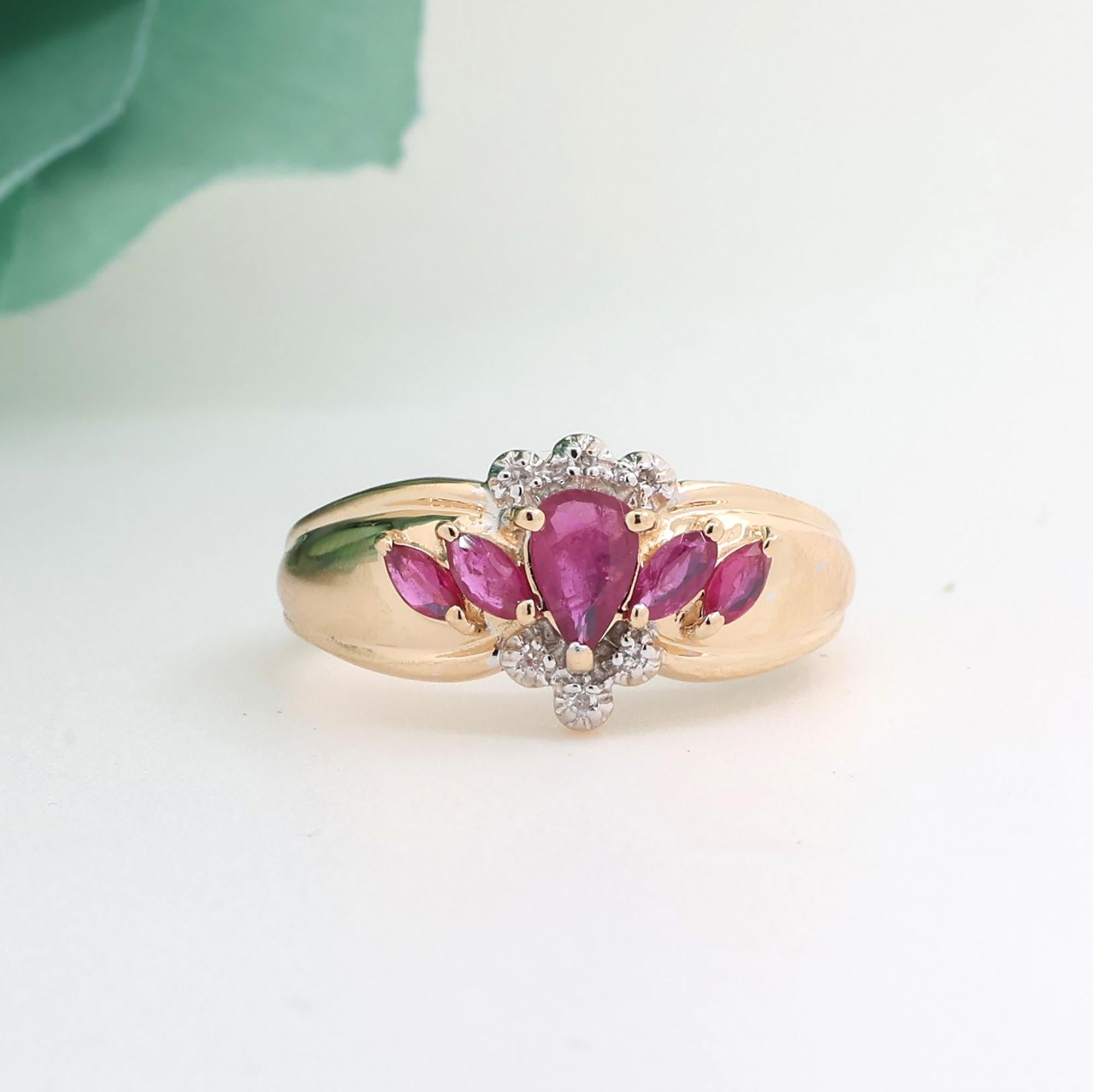 Ruby Diamond Floral Cocktail Ring 14K Gold 0.87 CTW Size 7.25 Ladies Estate