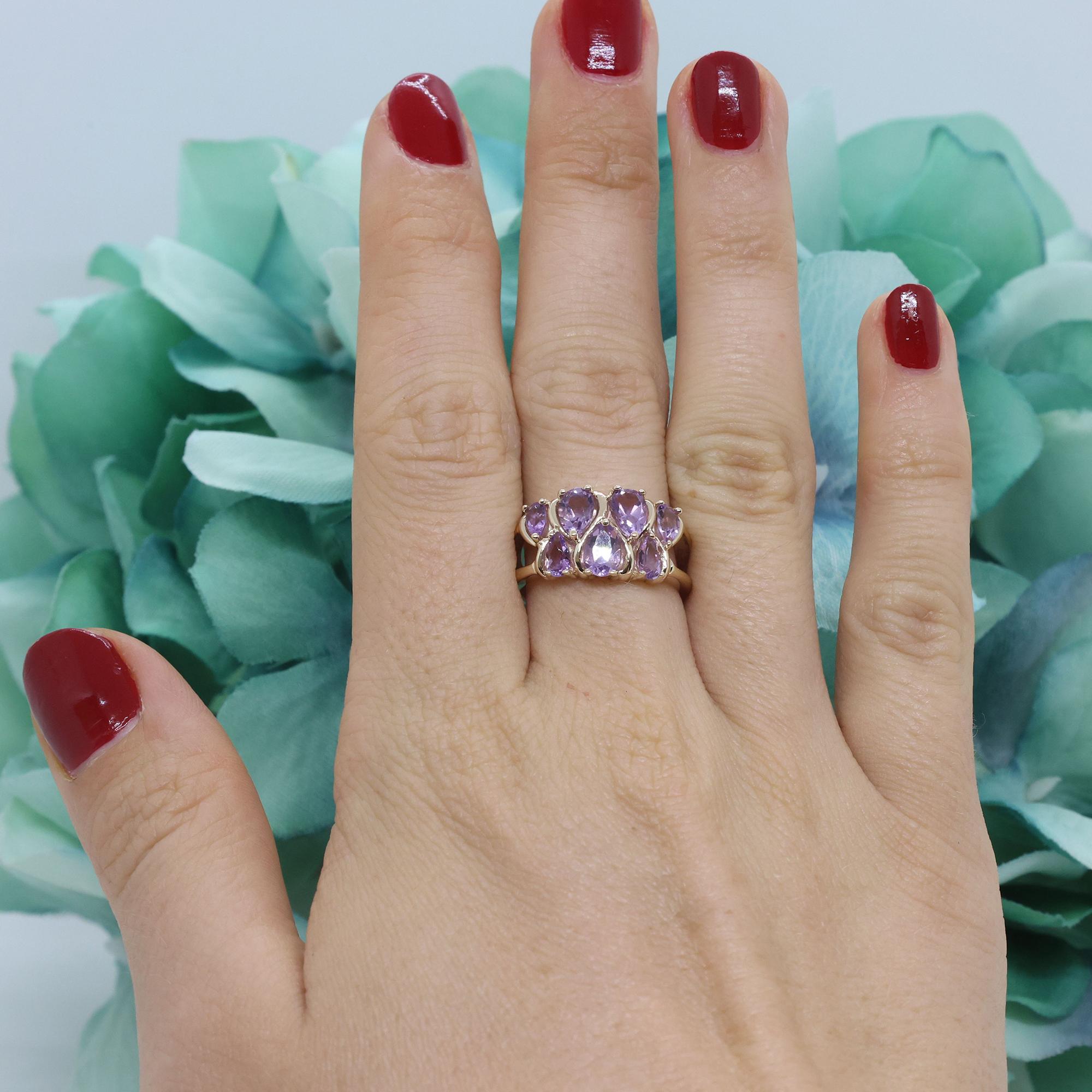 Pear Amethyst Cocktail Ring 10K Yellow Gold 1.90 CTW Size 6.75 Ladies