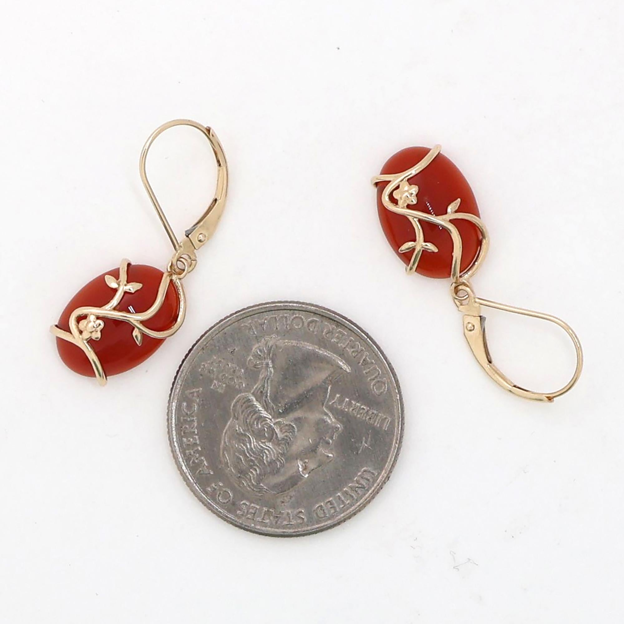 Oval Cabochon Carnelian Drop Dangle Earrings 14K Yellow Gold Leaf Overlay 1.20"