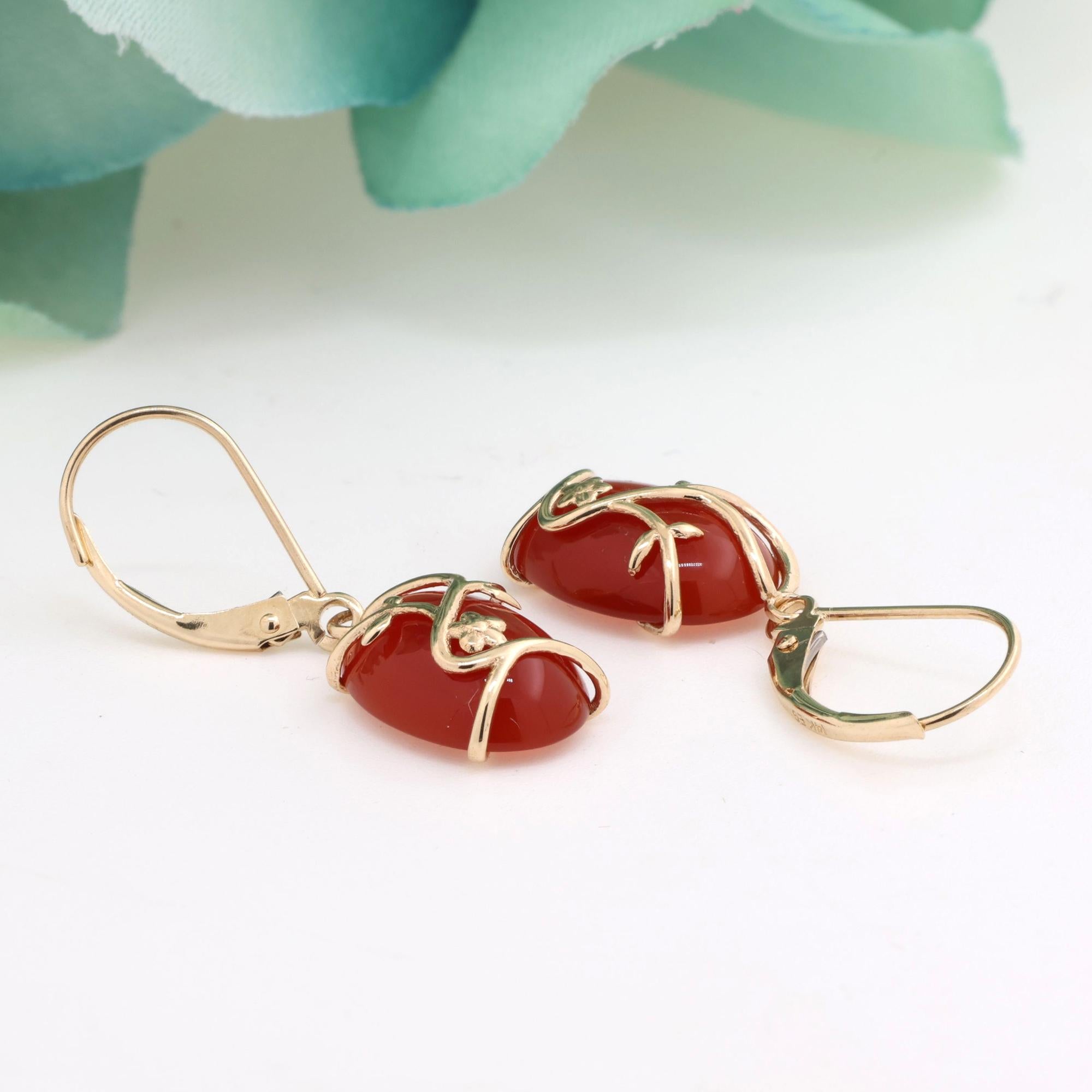 Oval Cabochon Carnelian Drop Dangle Earrings 14K Yellow Gold Leaf Overlay 1.20"