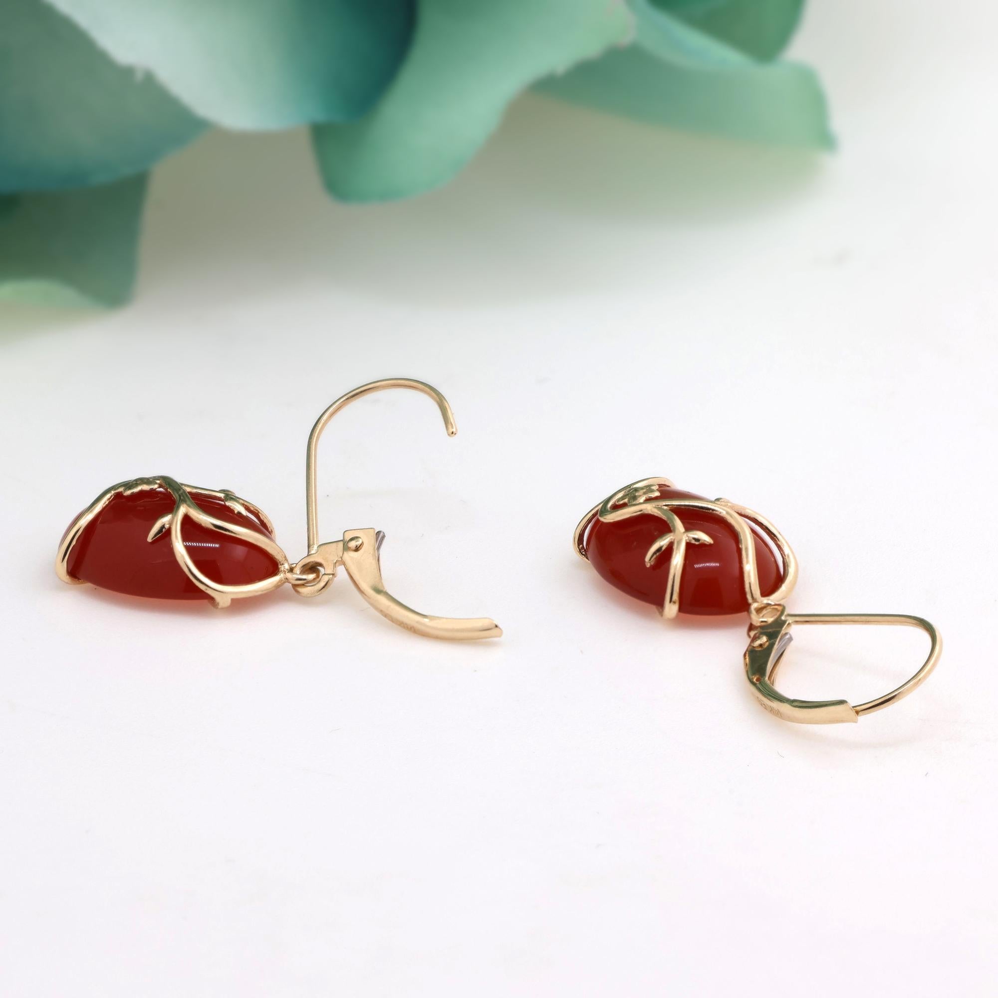 Oval Cabochon Carnelian Drop Dangle Earrings 14K Yellow Gold Leaf Overlay 1.20"