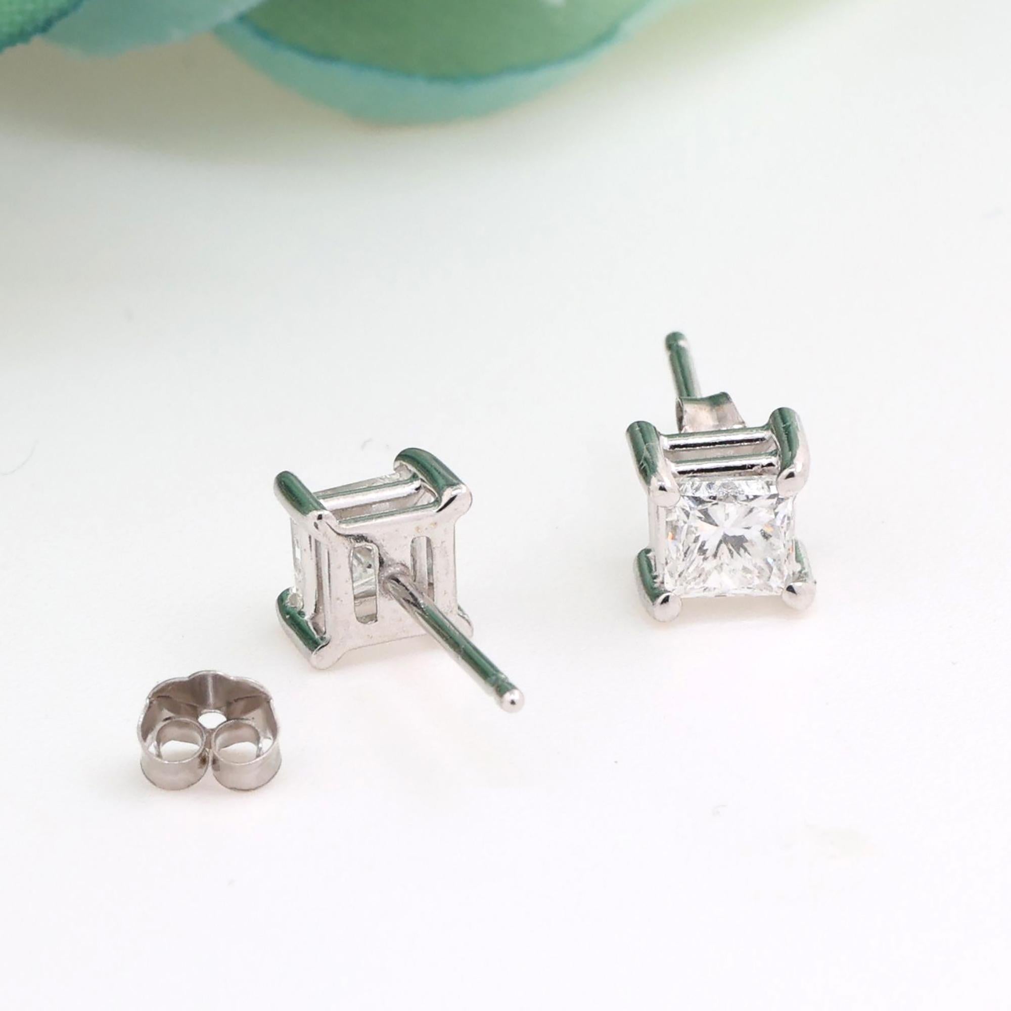 Princess Cut Diamond Stud Earrings 14K White Gold 0.65 TW 5mm Unisex Estate