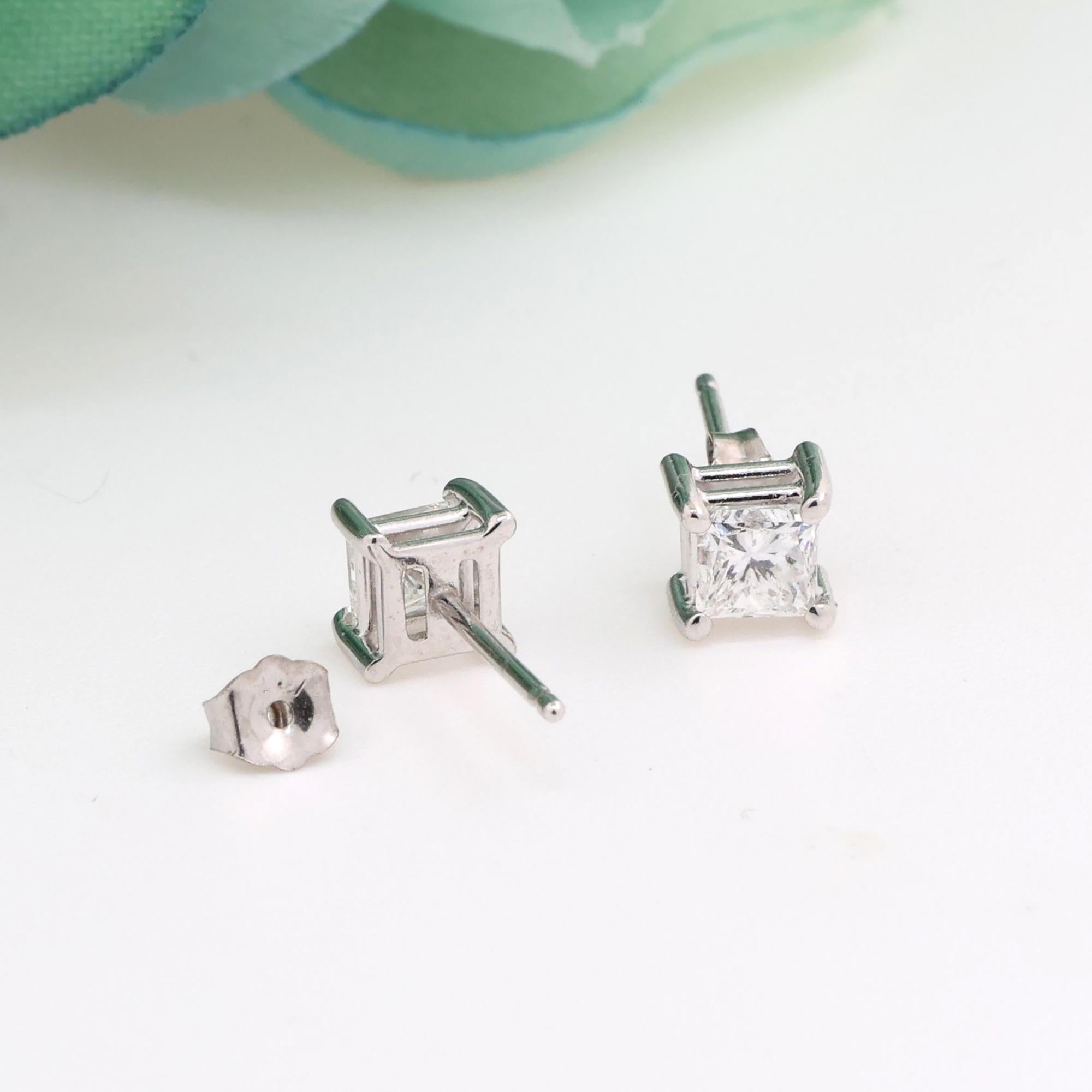 Princess Cut Diamond Stud Earrings 14K White Gold 0.65 TW 5mm Unisex Estate