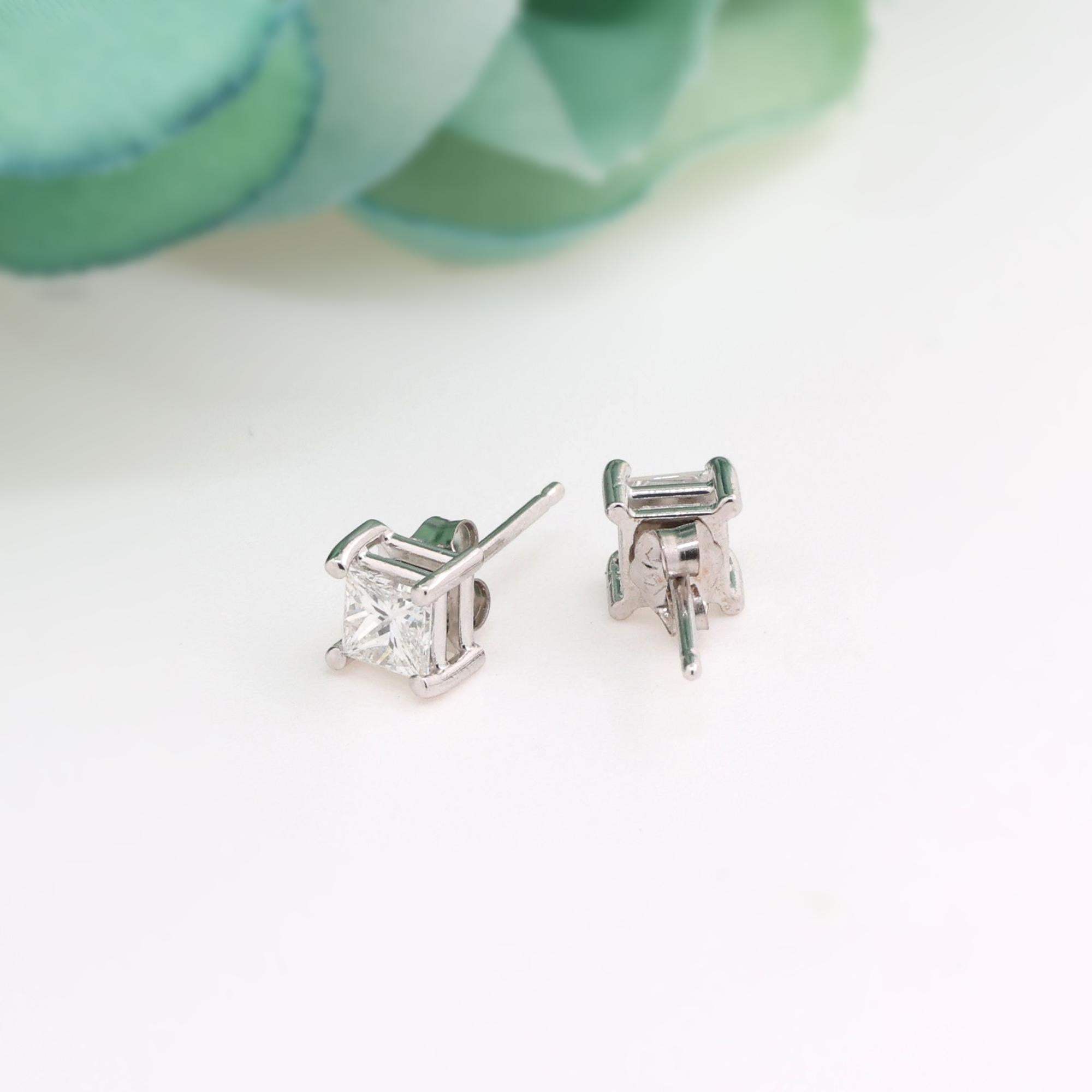 Princess Cut Diamond Stud Earrings 14K White Gold 0.65 TW 5mm Unisex Estate