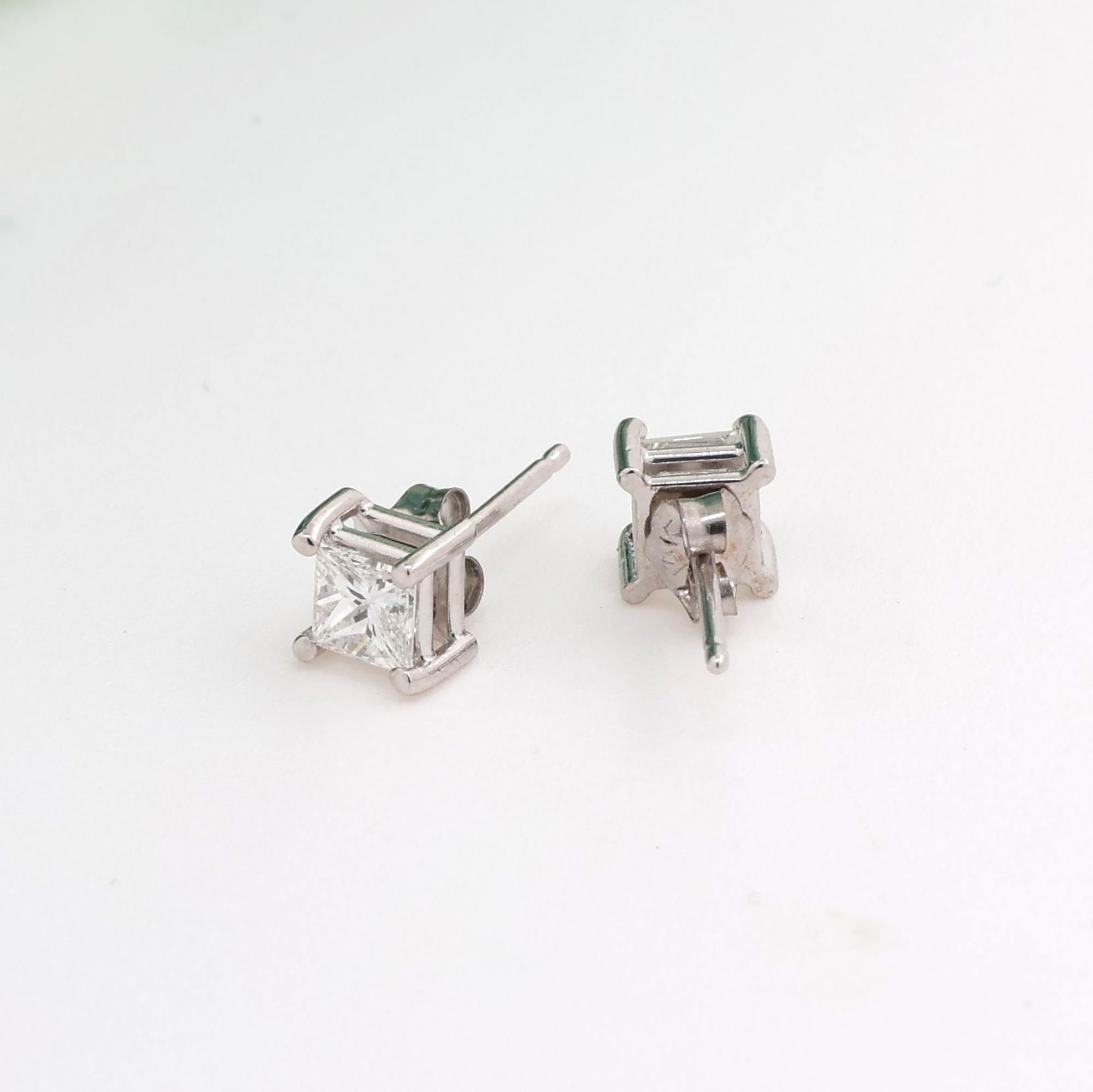 Princess Cut Diamond Stud Earrings 14K White Gold 0.65 TW 5mm Unisex Estate