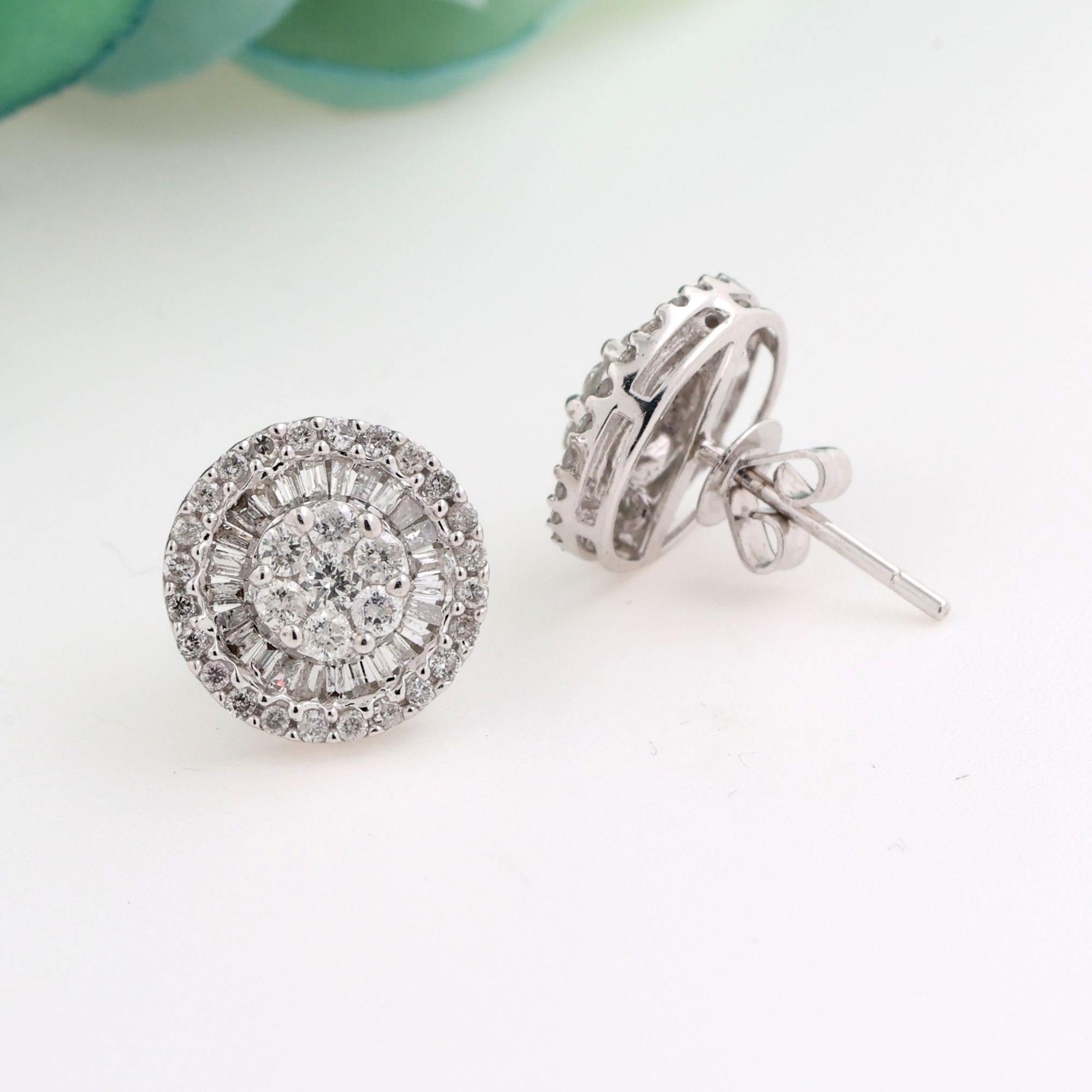 1.50 TW Cluster Diamond Halo Stud Earrings 18K White Gold Round Baguette 11 mm