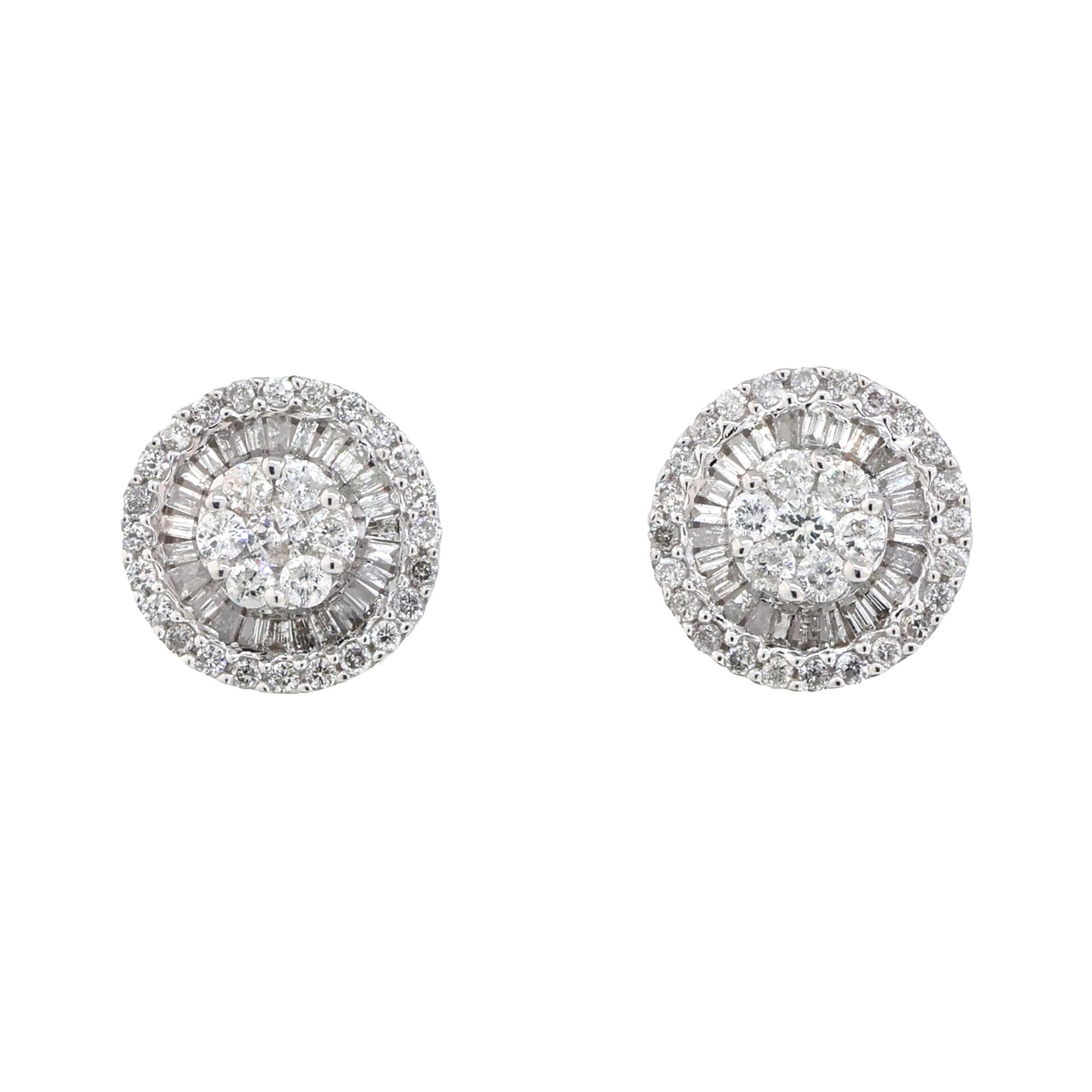 1.50 TW Cluster Diamond Halo Stud Earrings 18K White Gold Round Baguette 11 mm